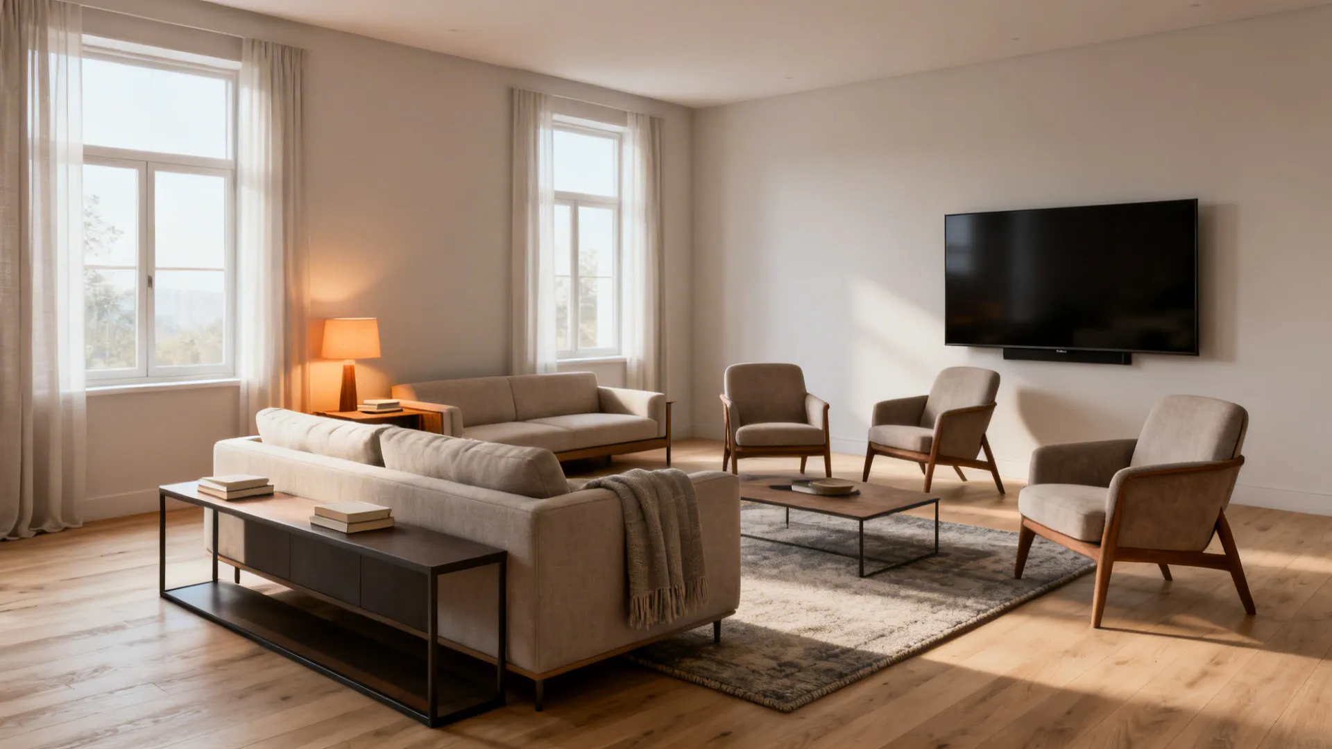 Parallel media zone and conversation area in a small living room with a slim console behind the sofa