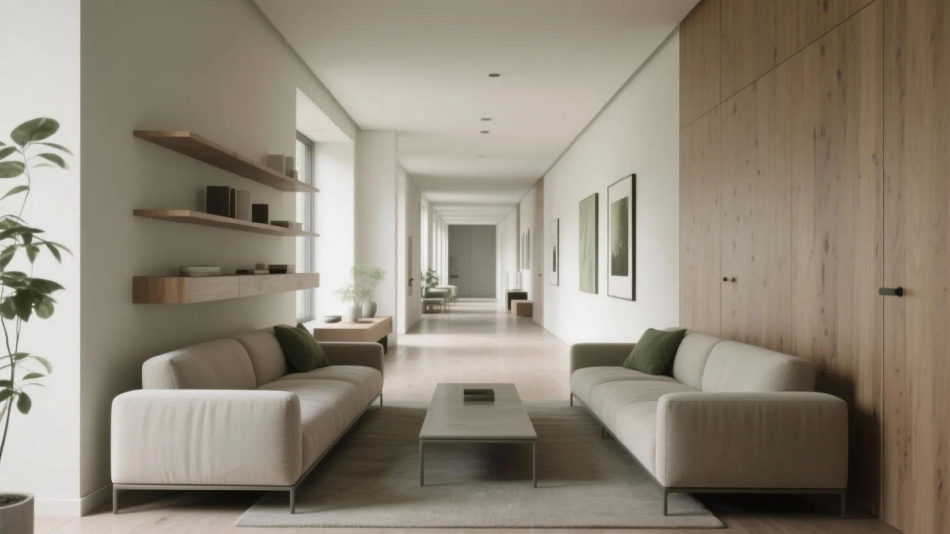 [Section] Parallel sofas with a narrow pathway