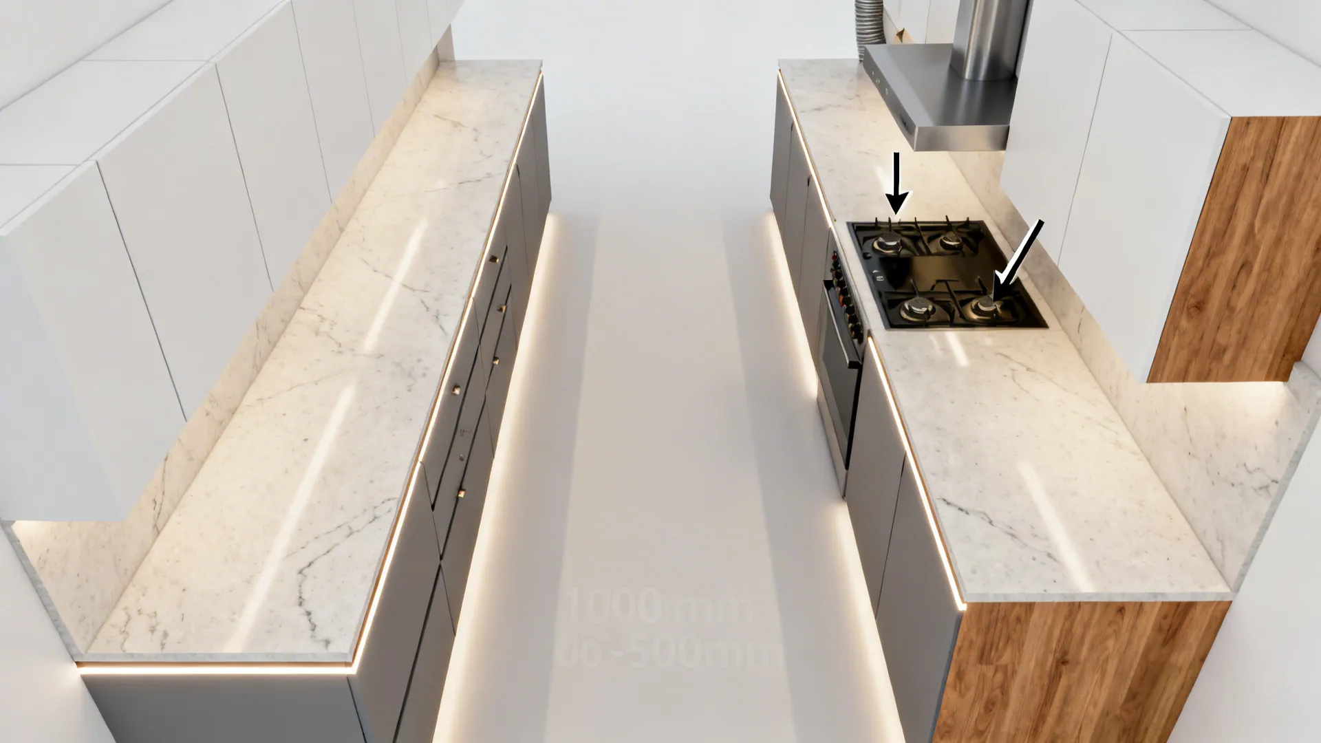 Top-down plan showing 600–650 mm runs and a 1000–1100 mm aisle in a parallel kitchen.