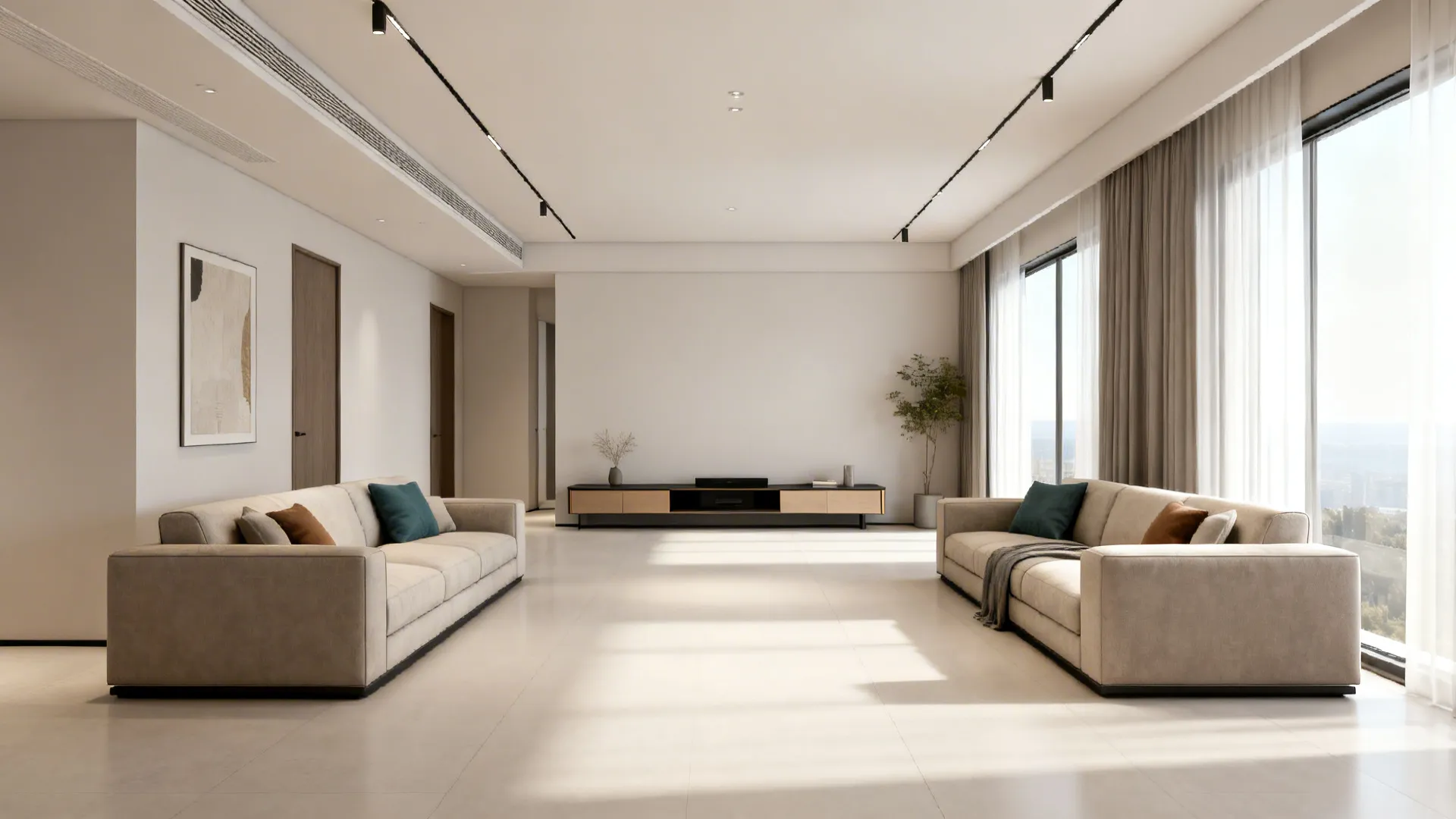 Two sofas facing each other in a long living room with a slim media cabinet and clear walking paths.