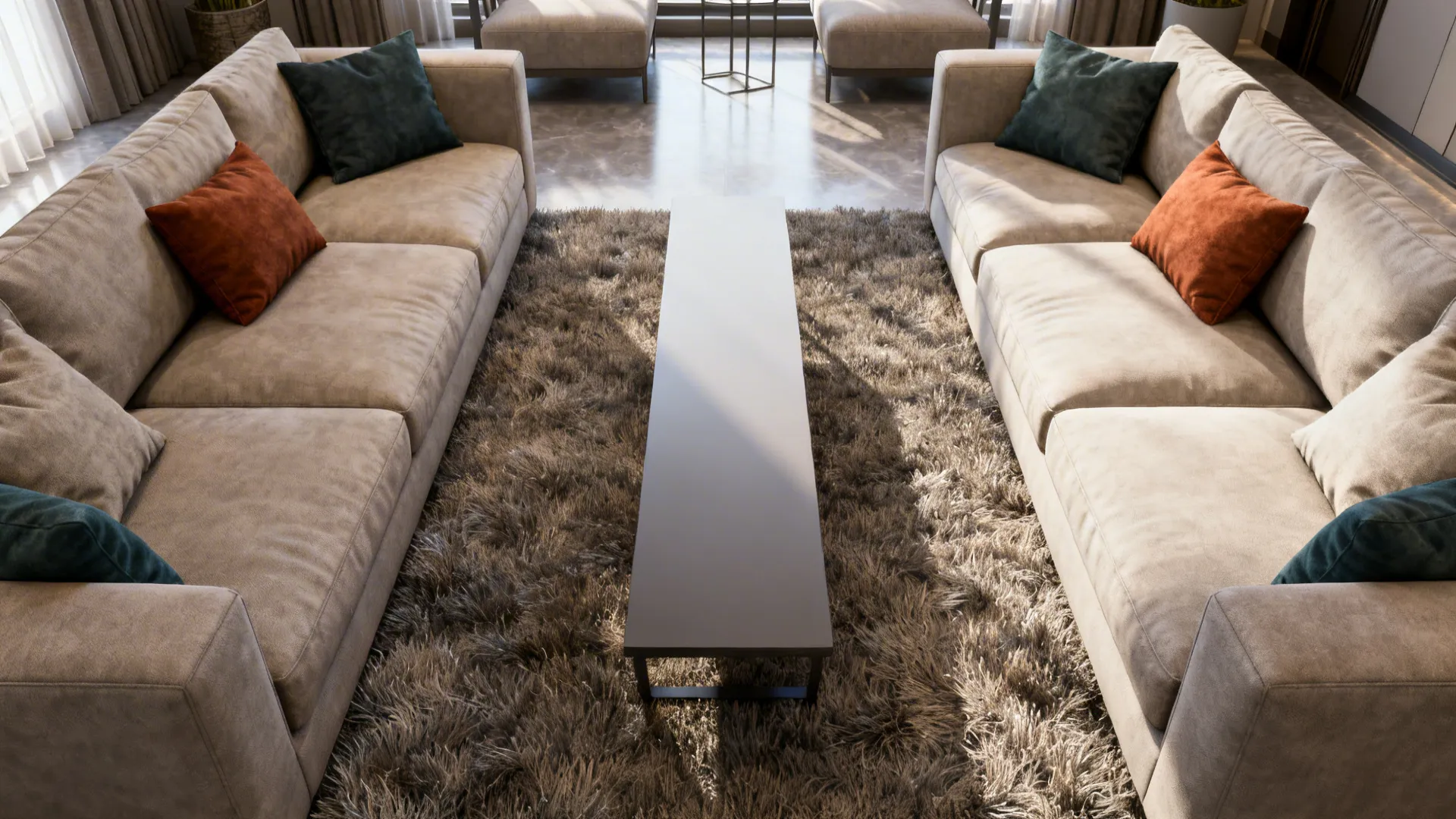 Two narrow sofas facing each other in a long narrow living room with a slim coffee table