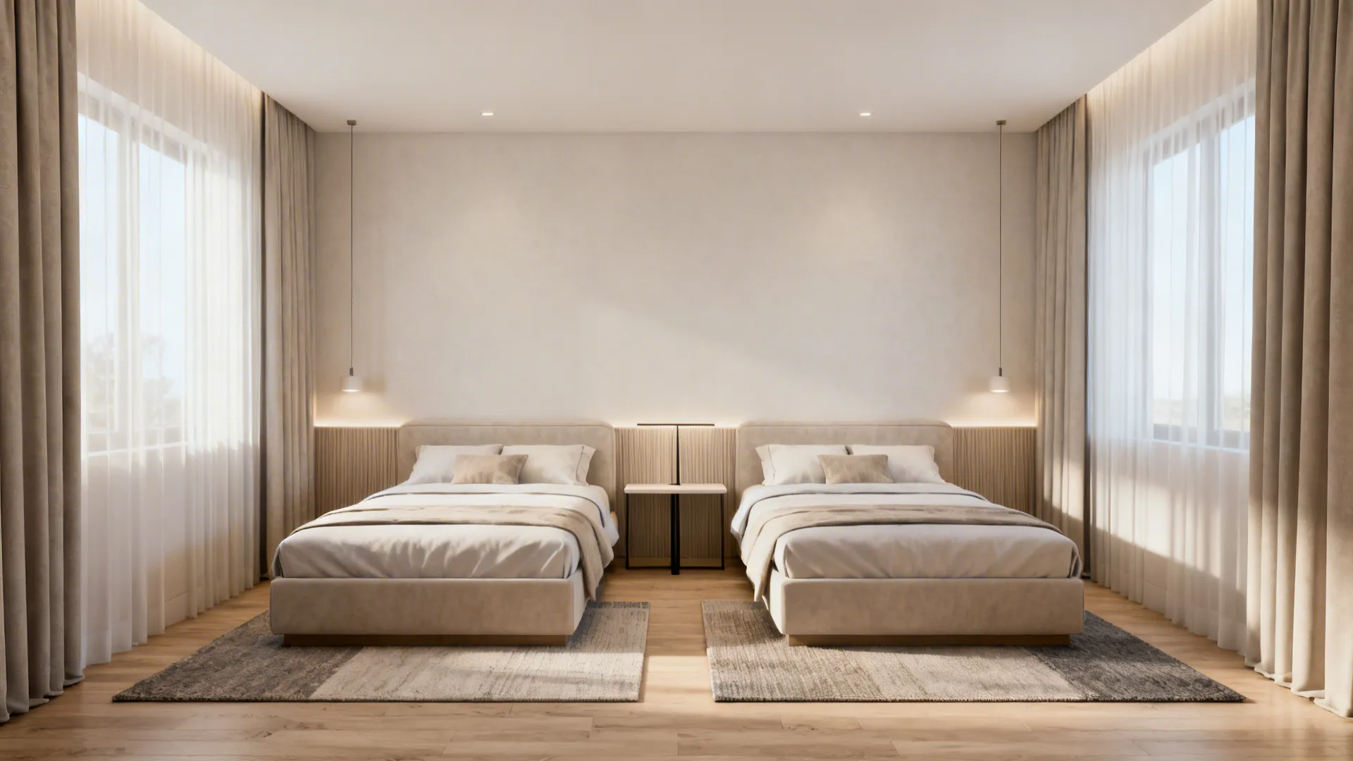 Long narrow room with two twin beds placed parallel and a slim shared night table.