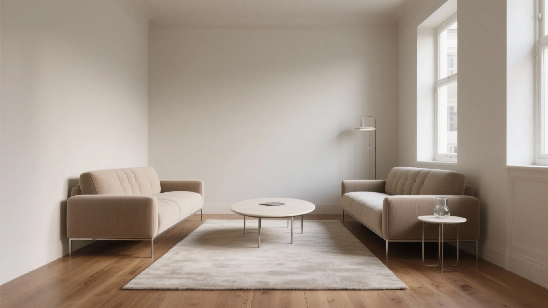 1) Parallel Slim-Arm Sofas with a Narrow Walkway