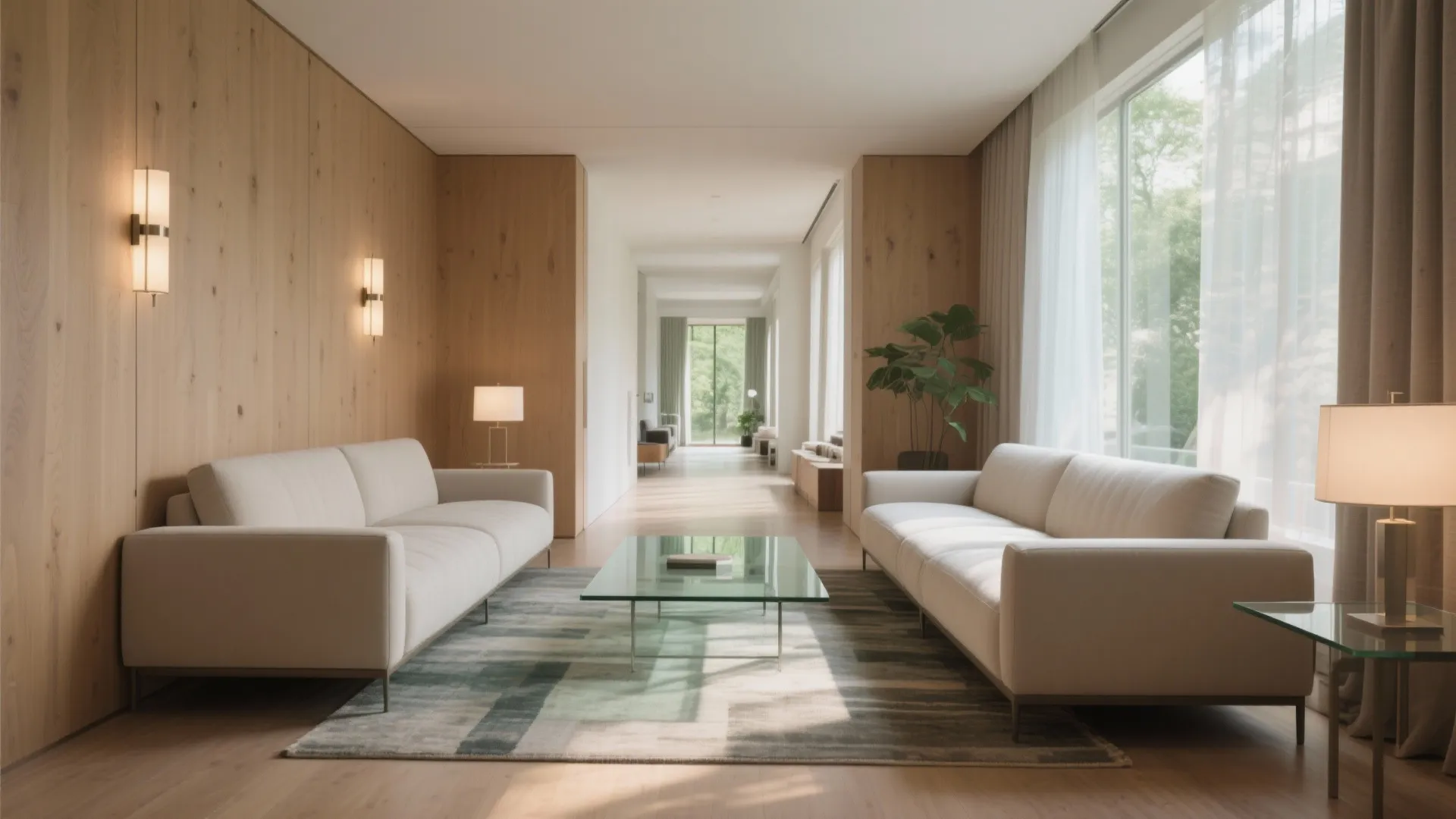 Parallel sofas in narrow rooms (with wall lighting)