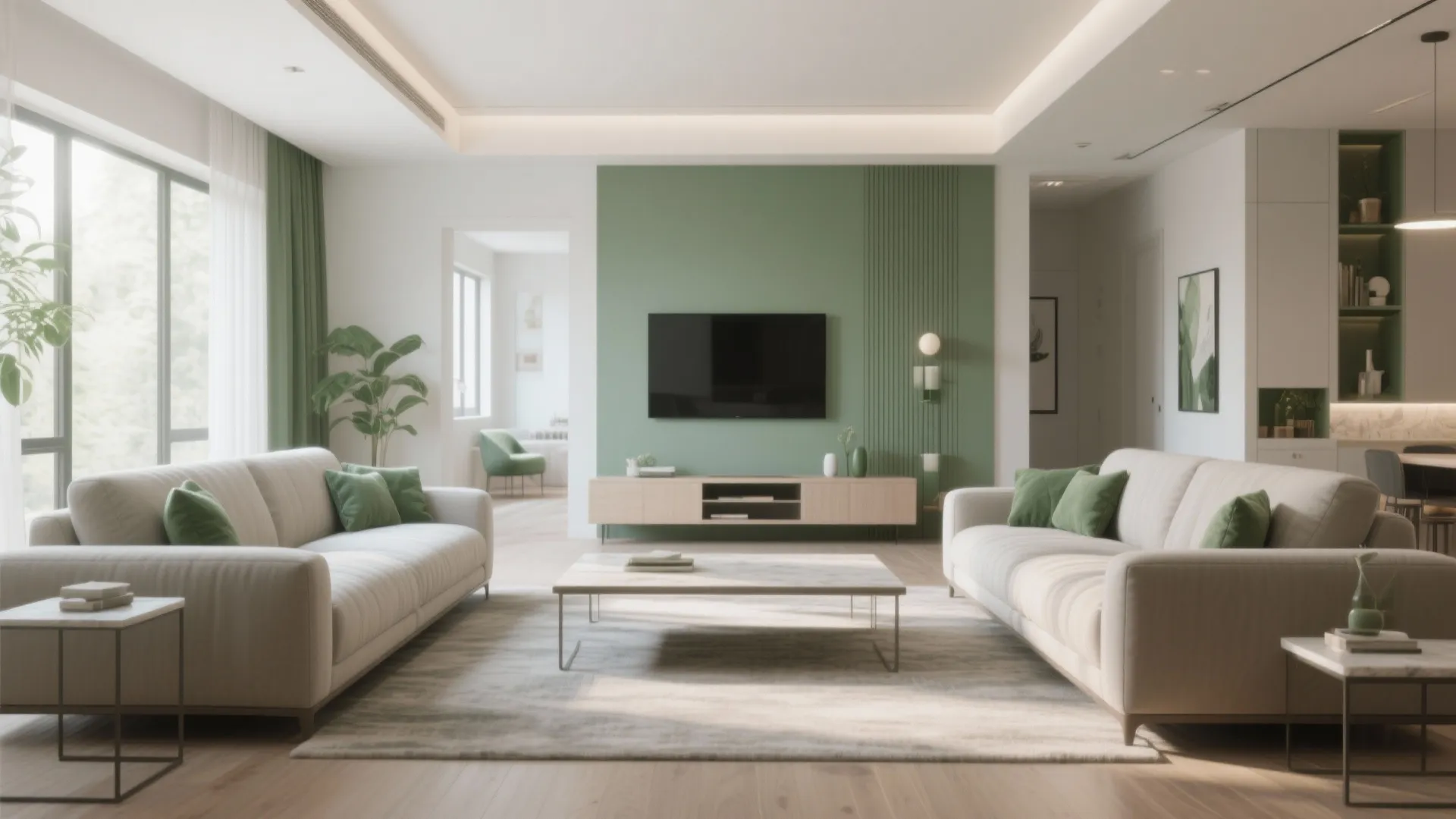 Narrow apartment with two parallel sofas and a long narrow coffee table between them