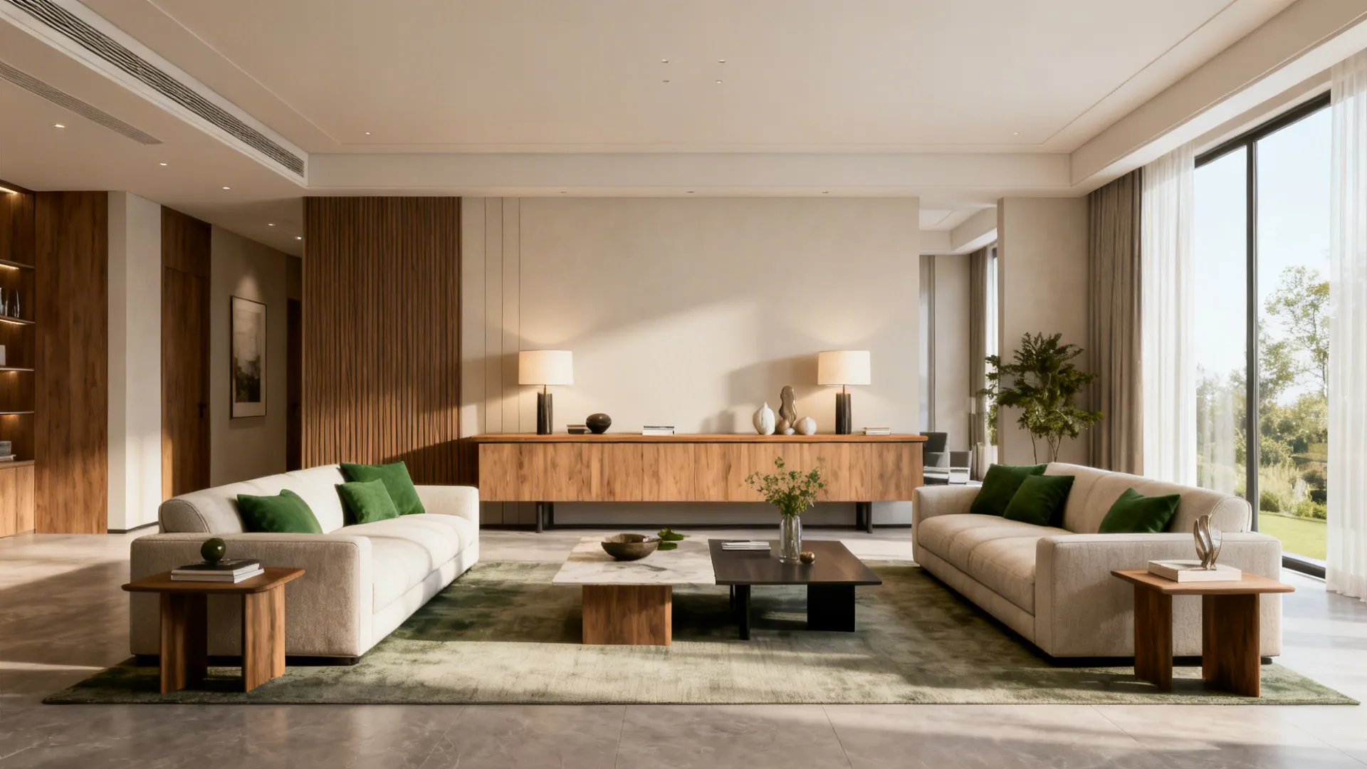 Rectangular living room with parallel sofas and a long console table behind one sofa for zoning.