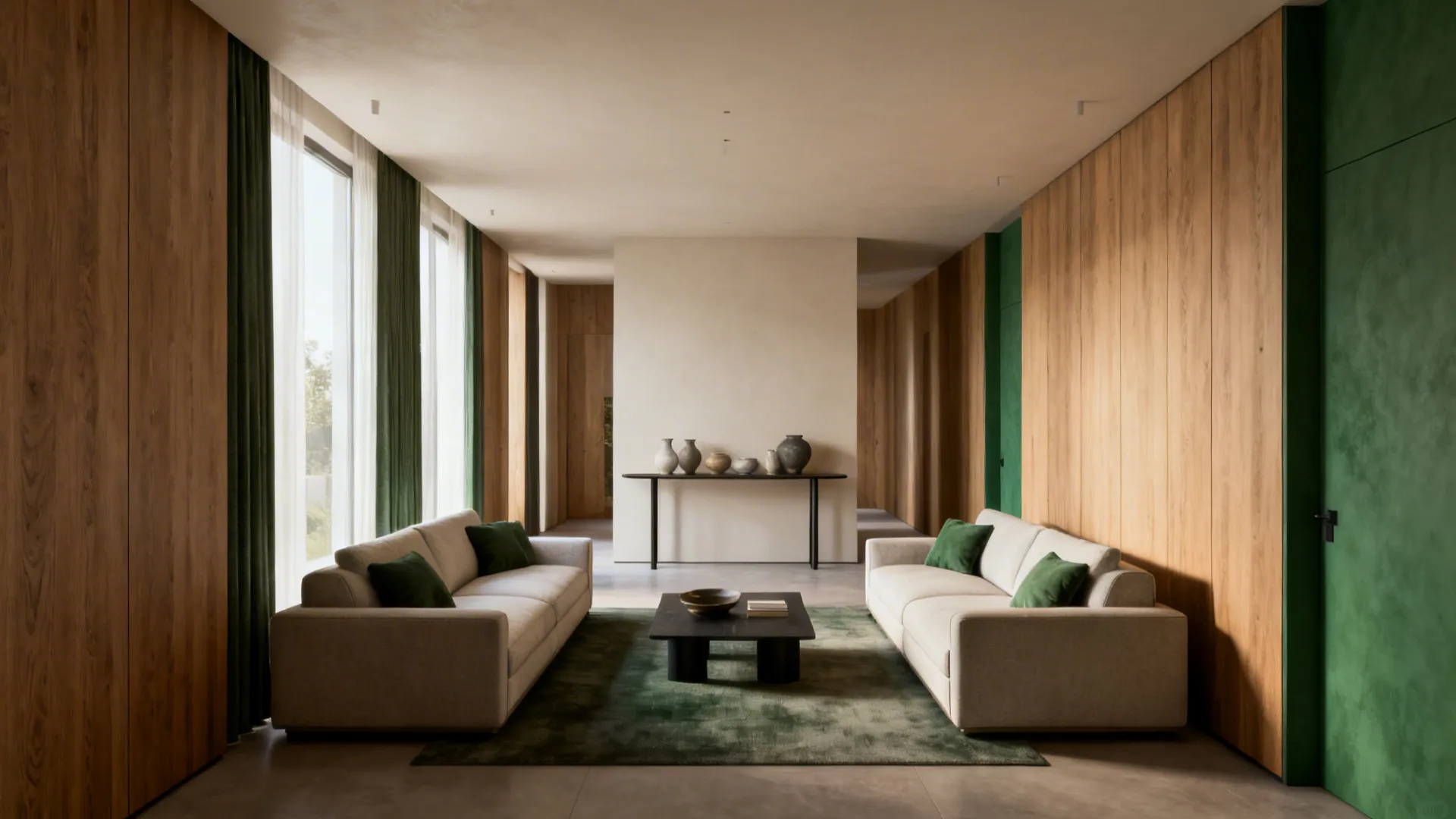 Long narrow living room with parallel sofas and a slim console table behind one sofa holding ceramics
