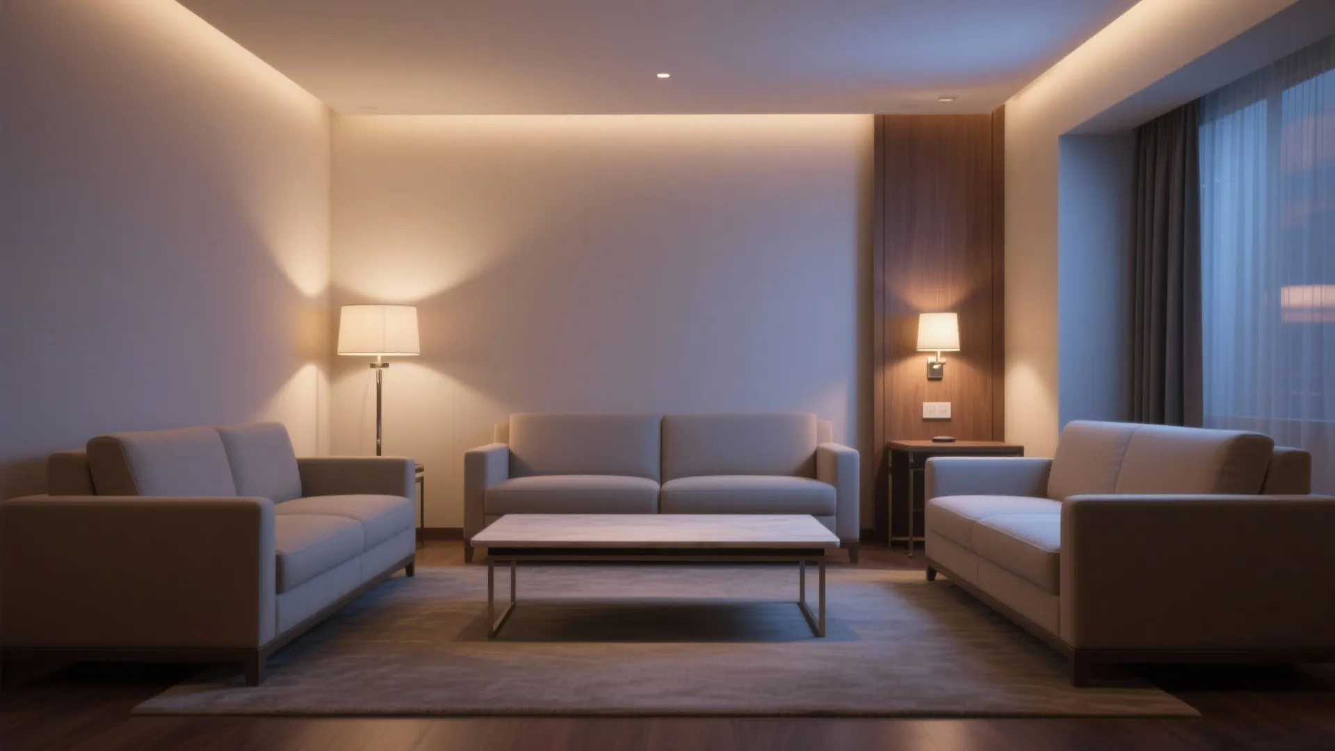 3) Parallel Couches with a Narrow Table and Layered Lighting