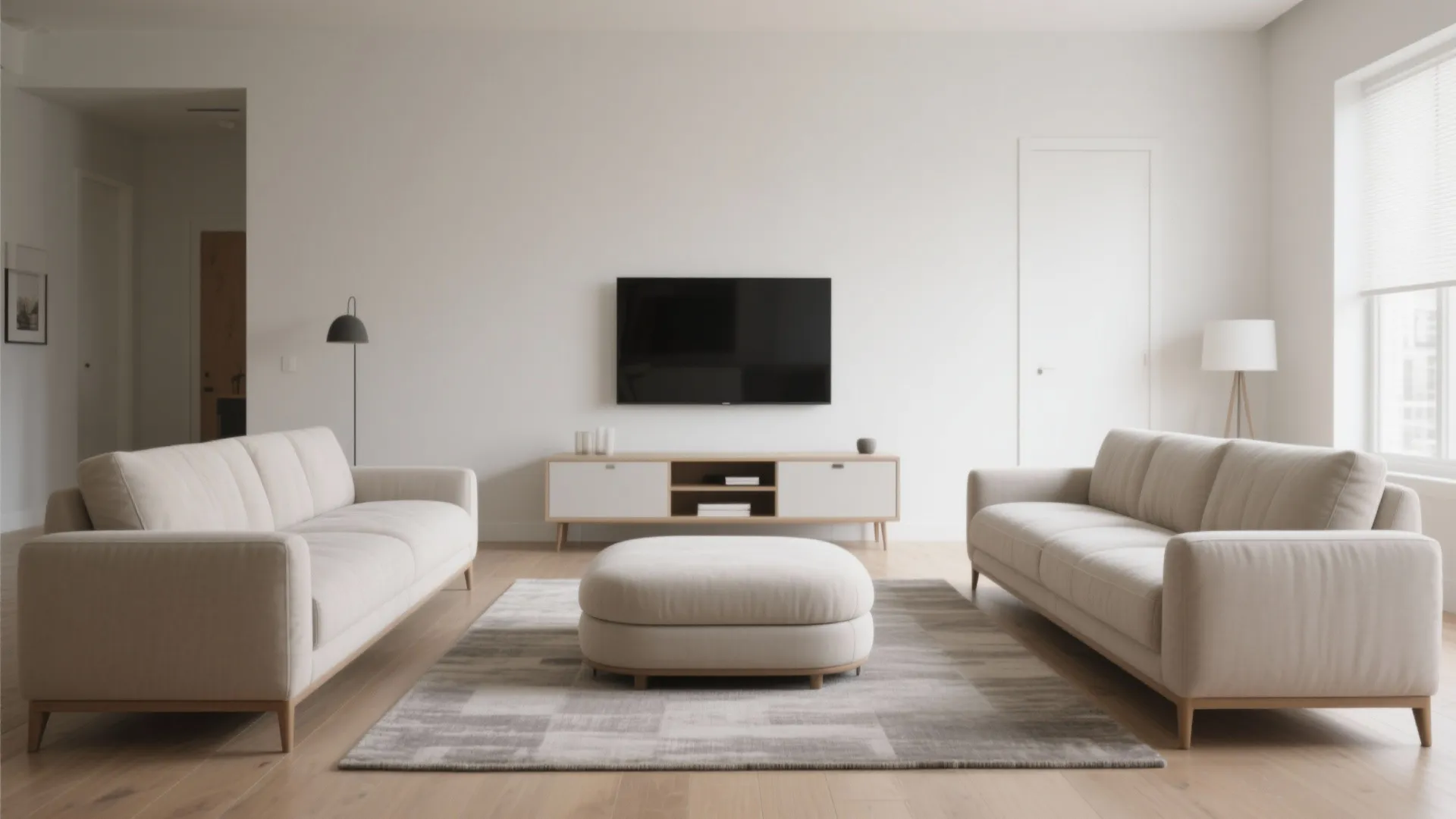 Parallel Sofas with Shared Ottoman (TV-Friendly Upgrade)