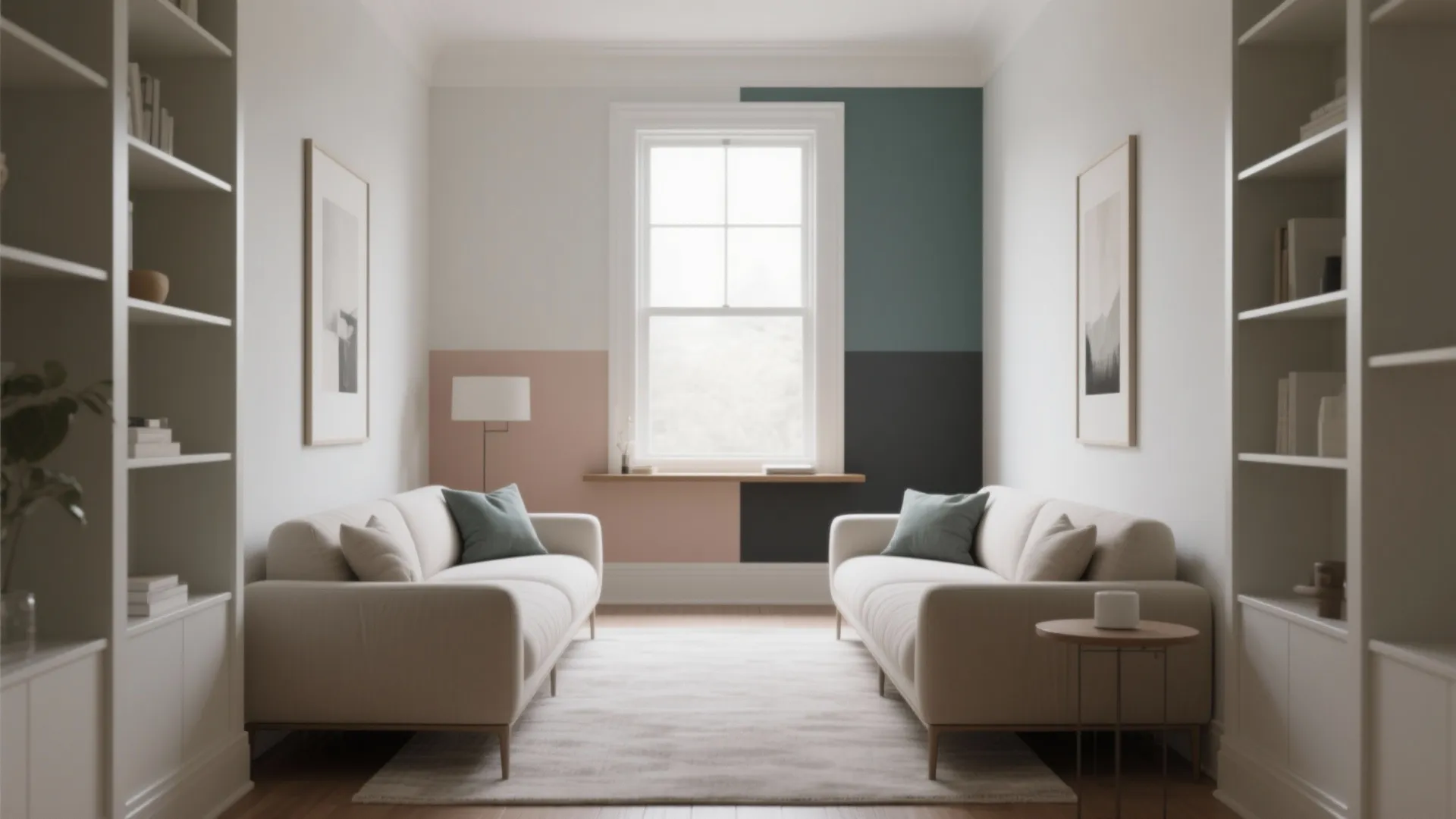 5) Parallel Sofas with Vertical Storage and a Unifying Accent