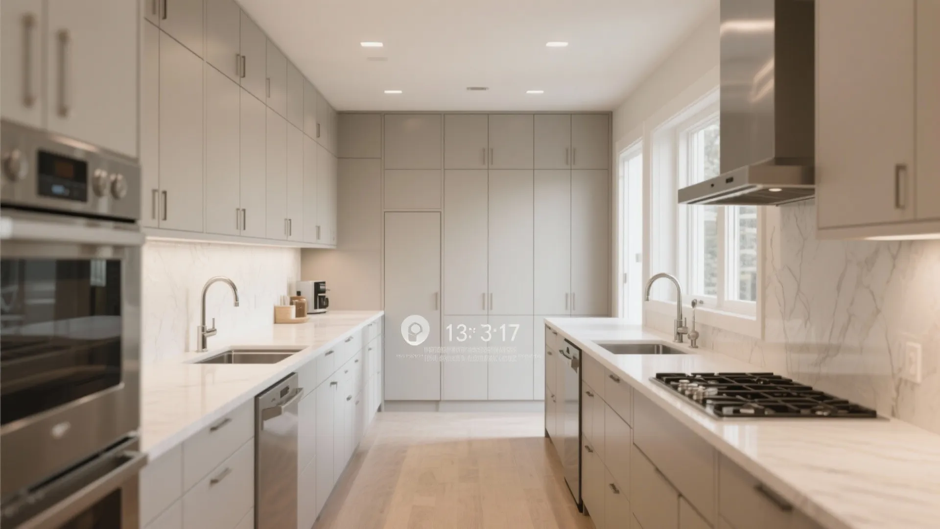 Kitchen with parallel counters and tall storage wall