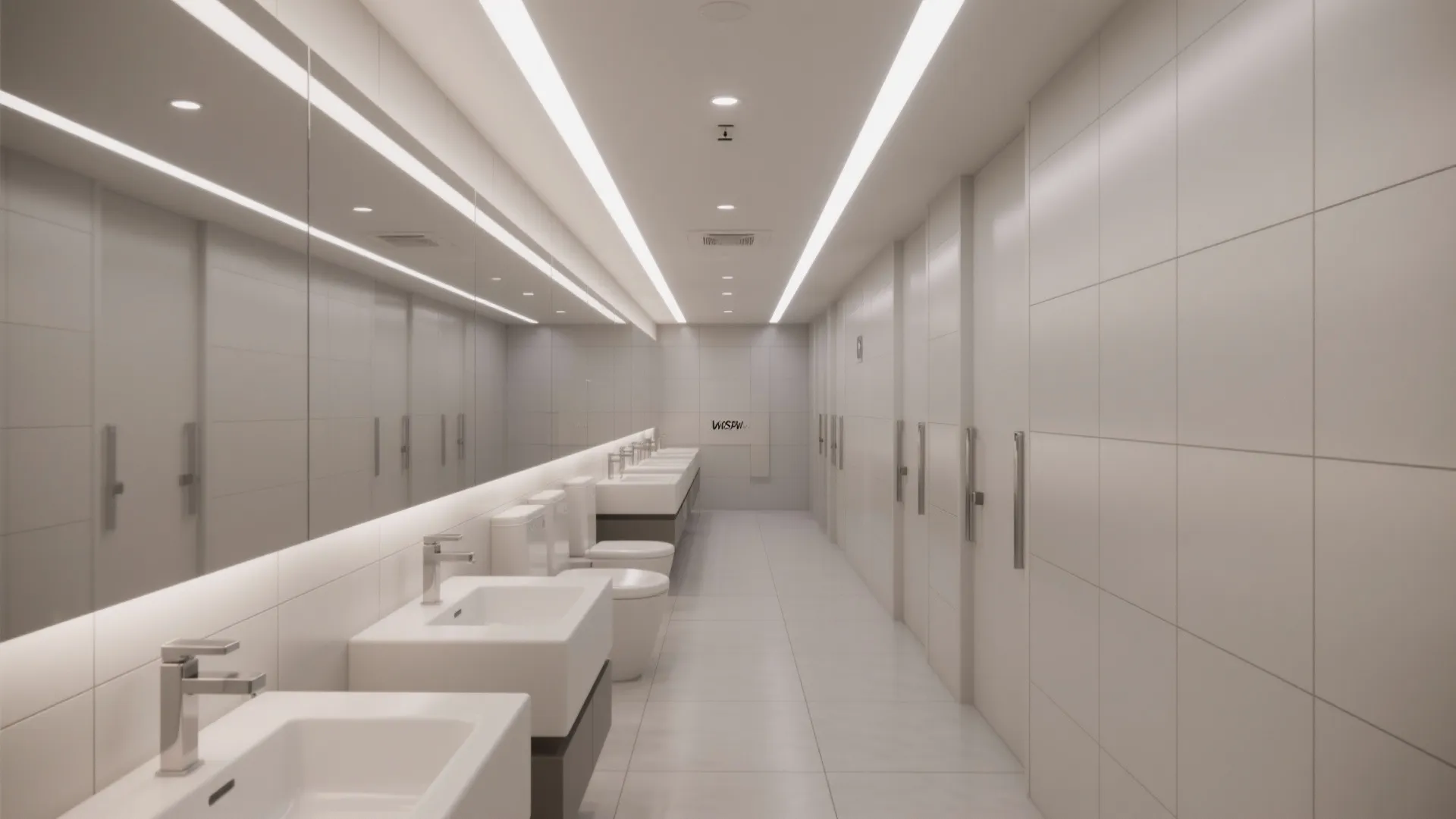 Modern public restroom with rows of white sinks, large mirrors, bright light fixtures, and toilets