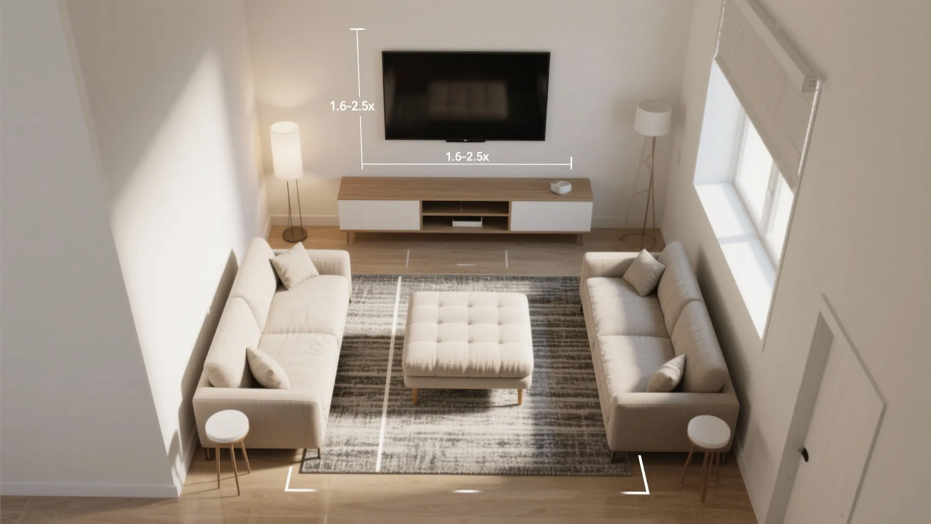Parallel Sofas with Shared Ottoman (TV-Friendly Upgrade)