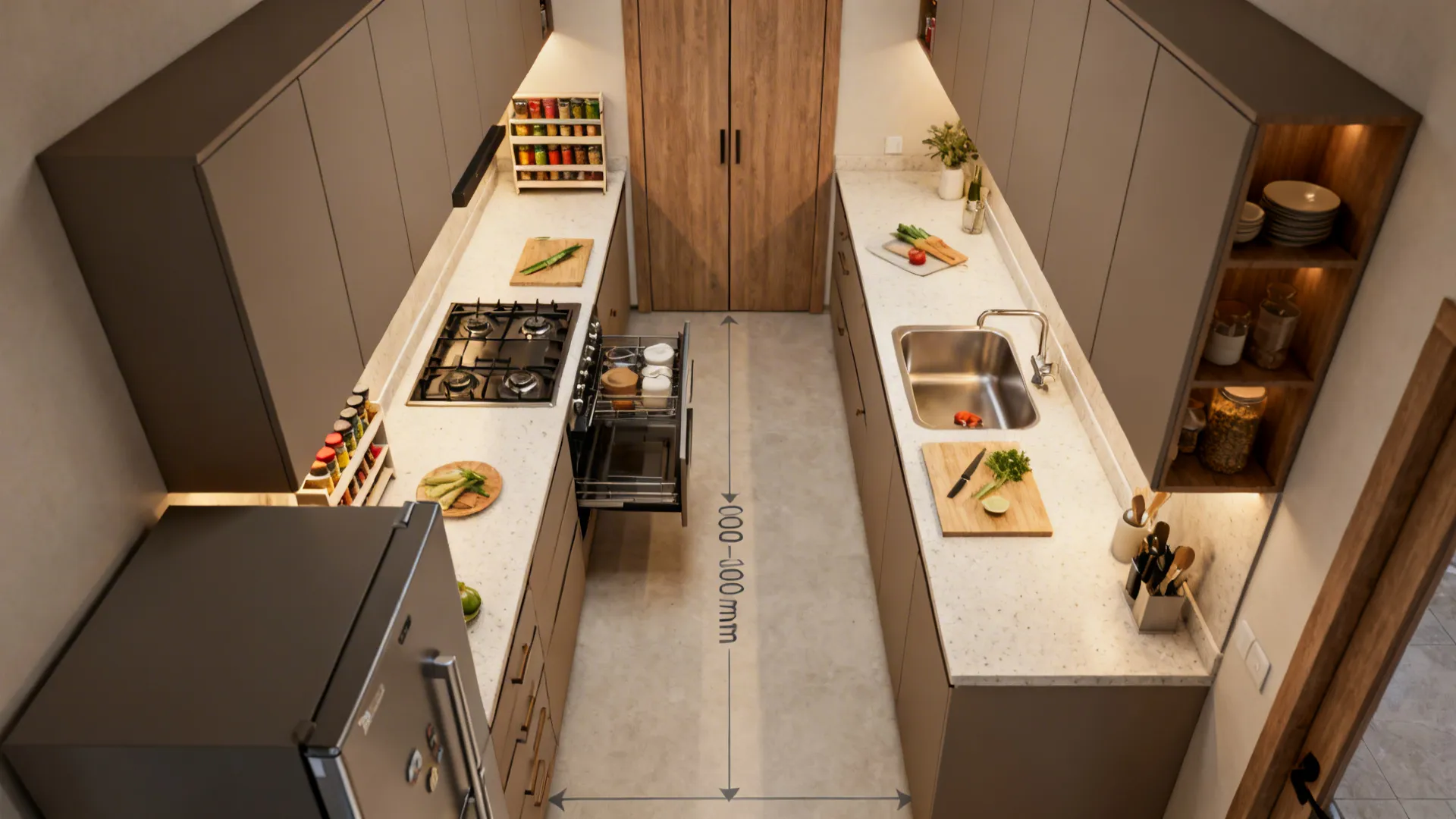 Top-down view of a parallel kitchen with cook, prep, and sink zones and a fridge near the entry.