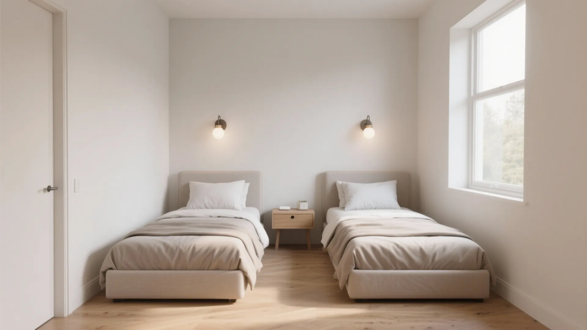 Minimalist bedroom with two parallel twin beds a small wooden nightstand and two wall lights