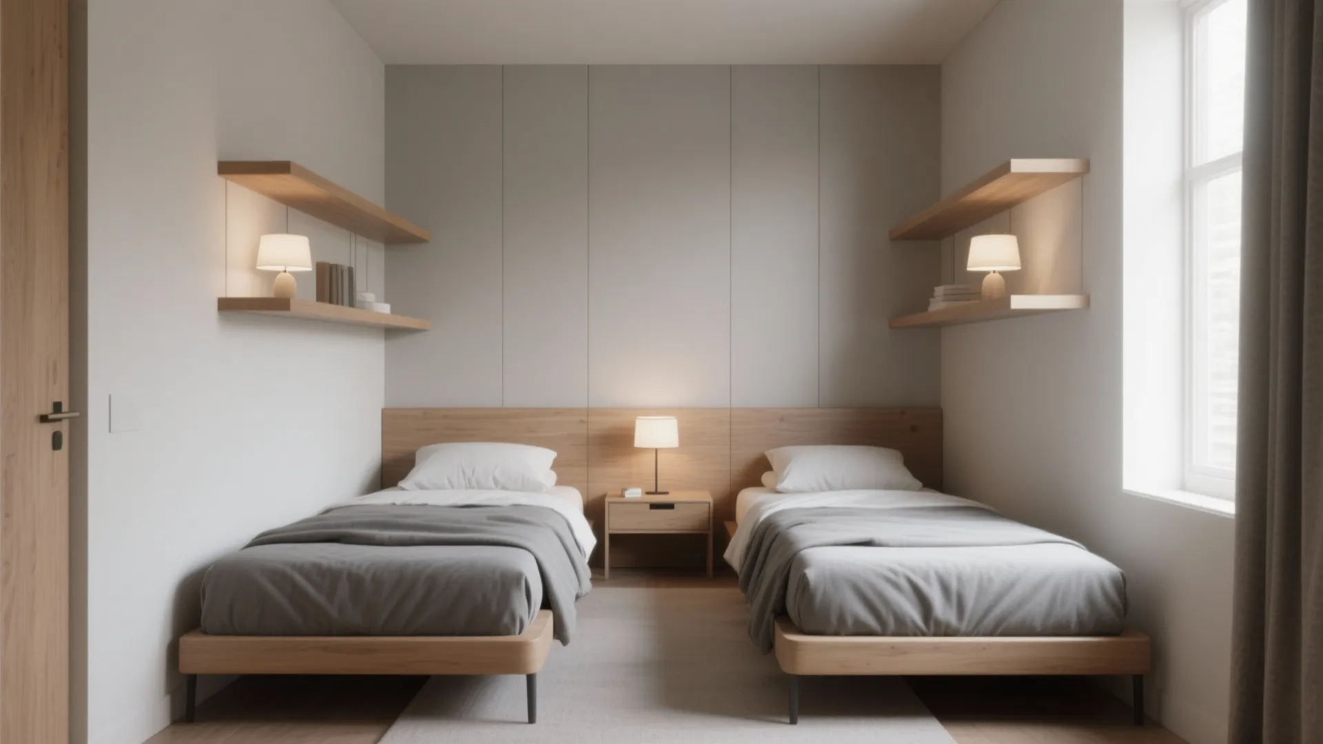 Modern twin bedroom with wooden beds grey bedding wall shelves side table and small table lamps