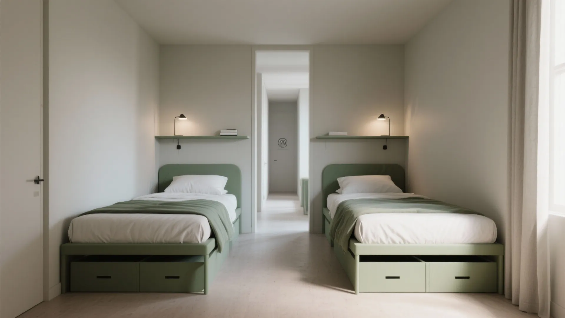 Minimalist bedroom with two green twin beds featuring storage drawers and matching wall light fixtures