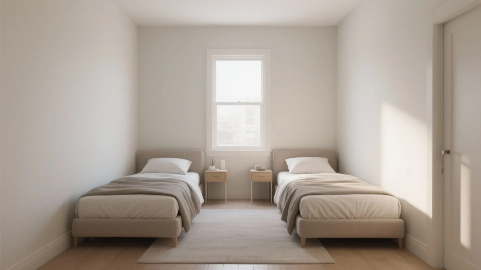 Symmetrical bedroom with two single beds separated by side tables under a white framed window