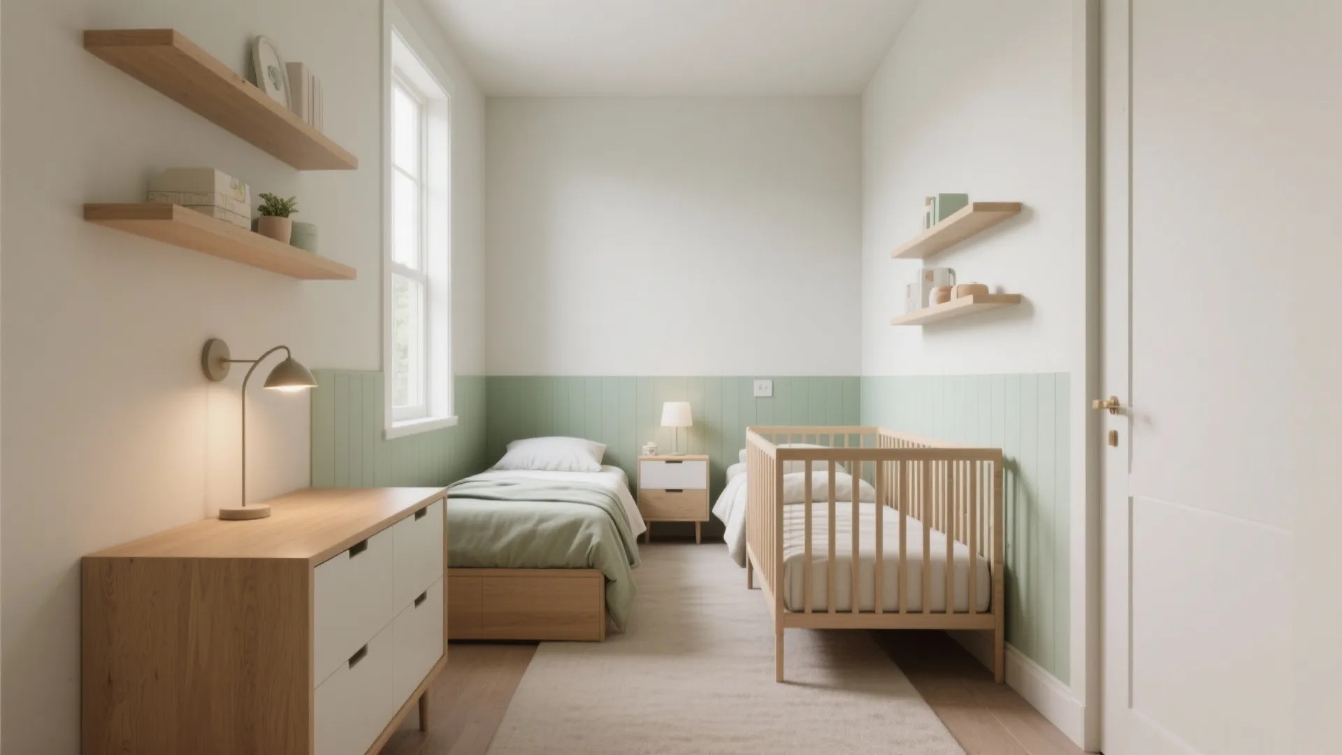 Small shared bedroom with green wall panel plus wooden bed and crib along parallel walls