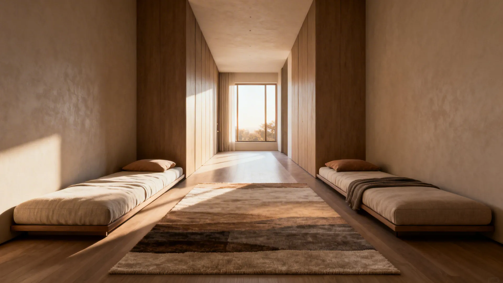 Narrow living room with sofas along opposite walls, elongated perspective and clear pathway.