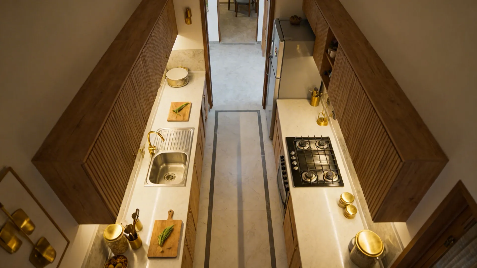 Narrow kitchen with wood wall panels and parallel white countertops including sink and gas stove