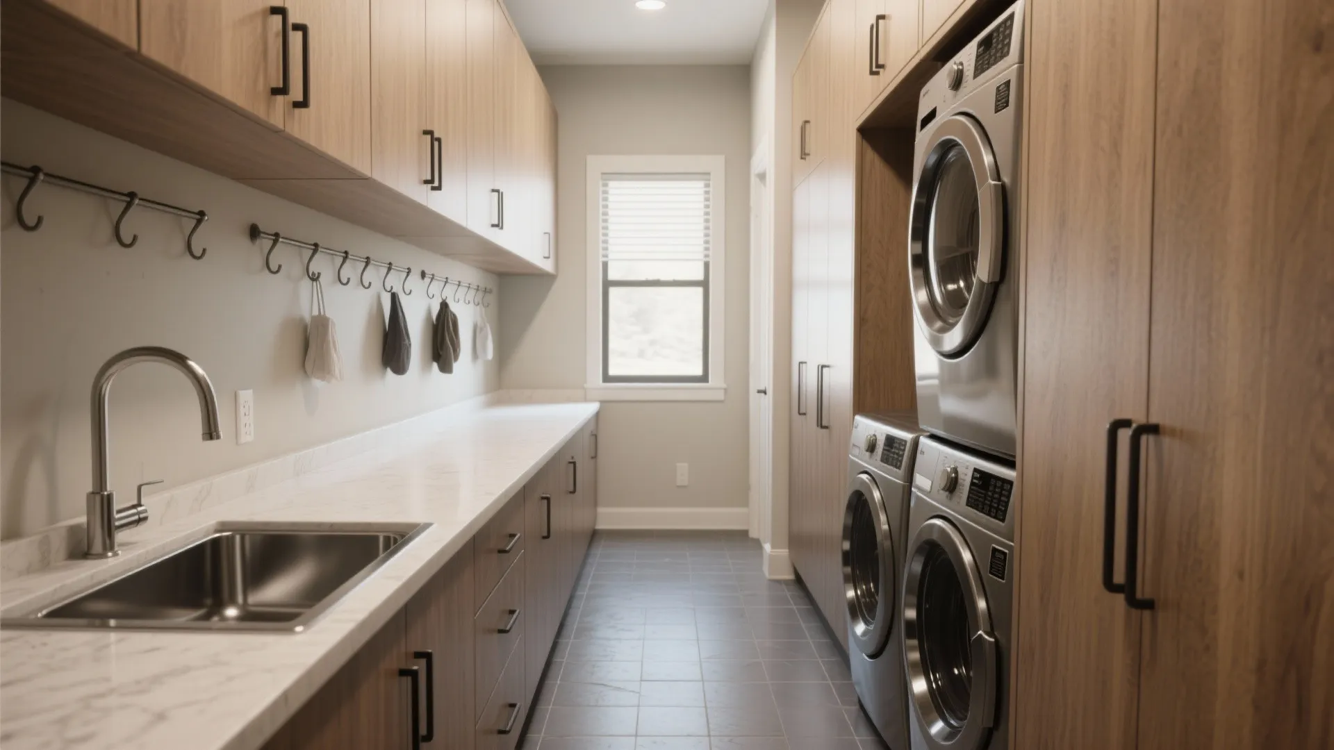 Narrow laundry room with long counter sink metal hooks stacked washing machine dryer and wooden cabinets