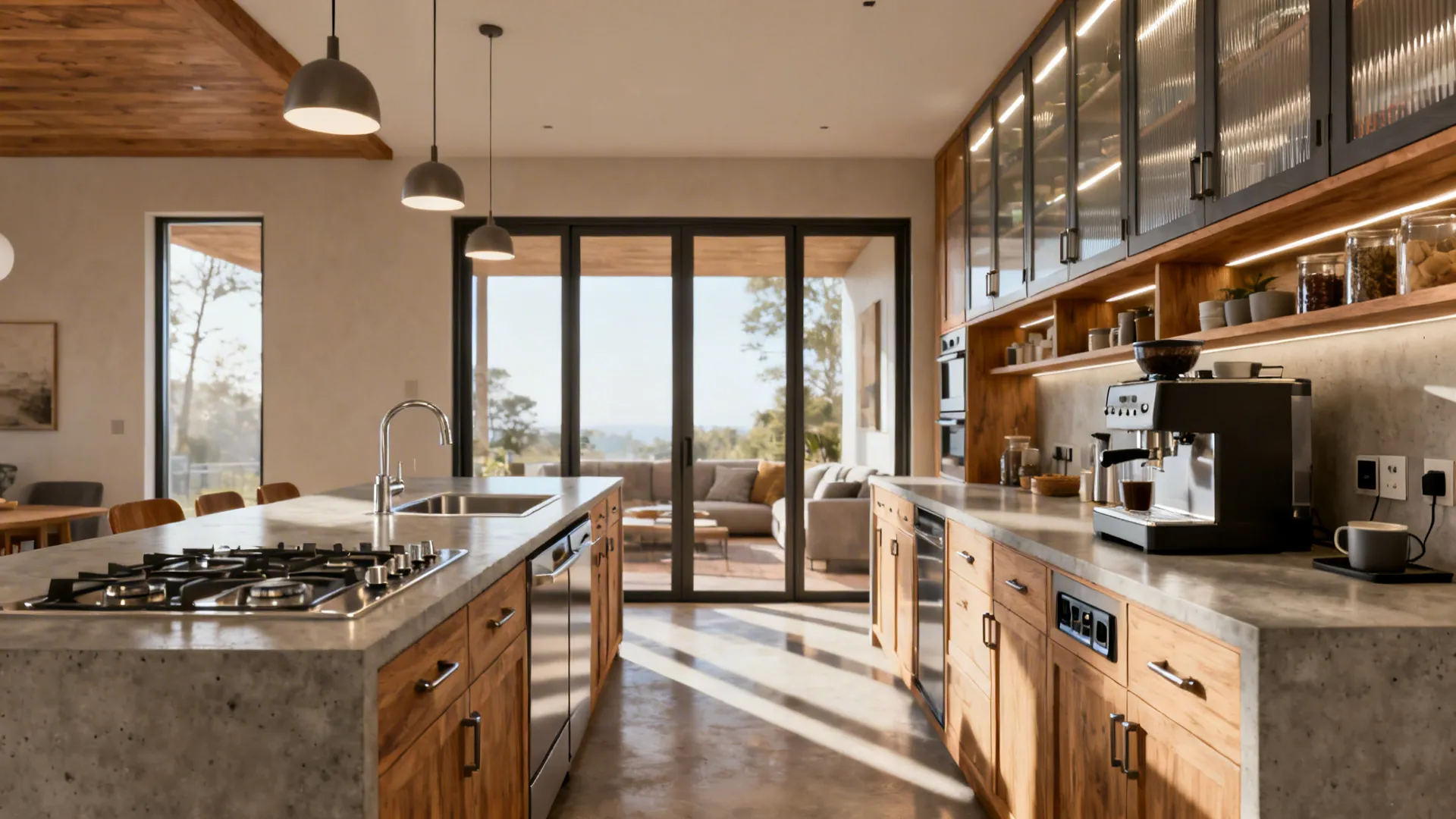 Parallel two-row kitchen with a cooking side and a coffee/storage side facing the living room.