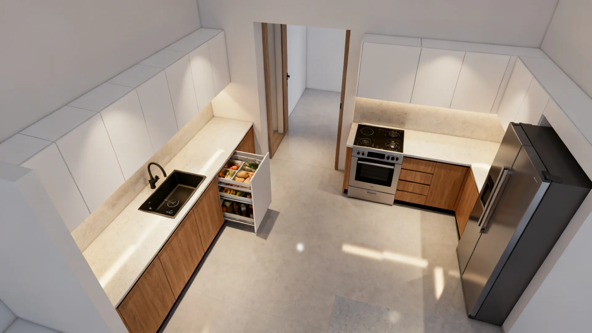 Top-down galley plan showing sink opposite hob, fridge at entry, and a clear aisle.