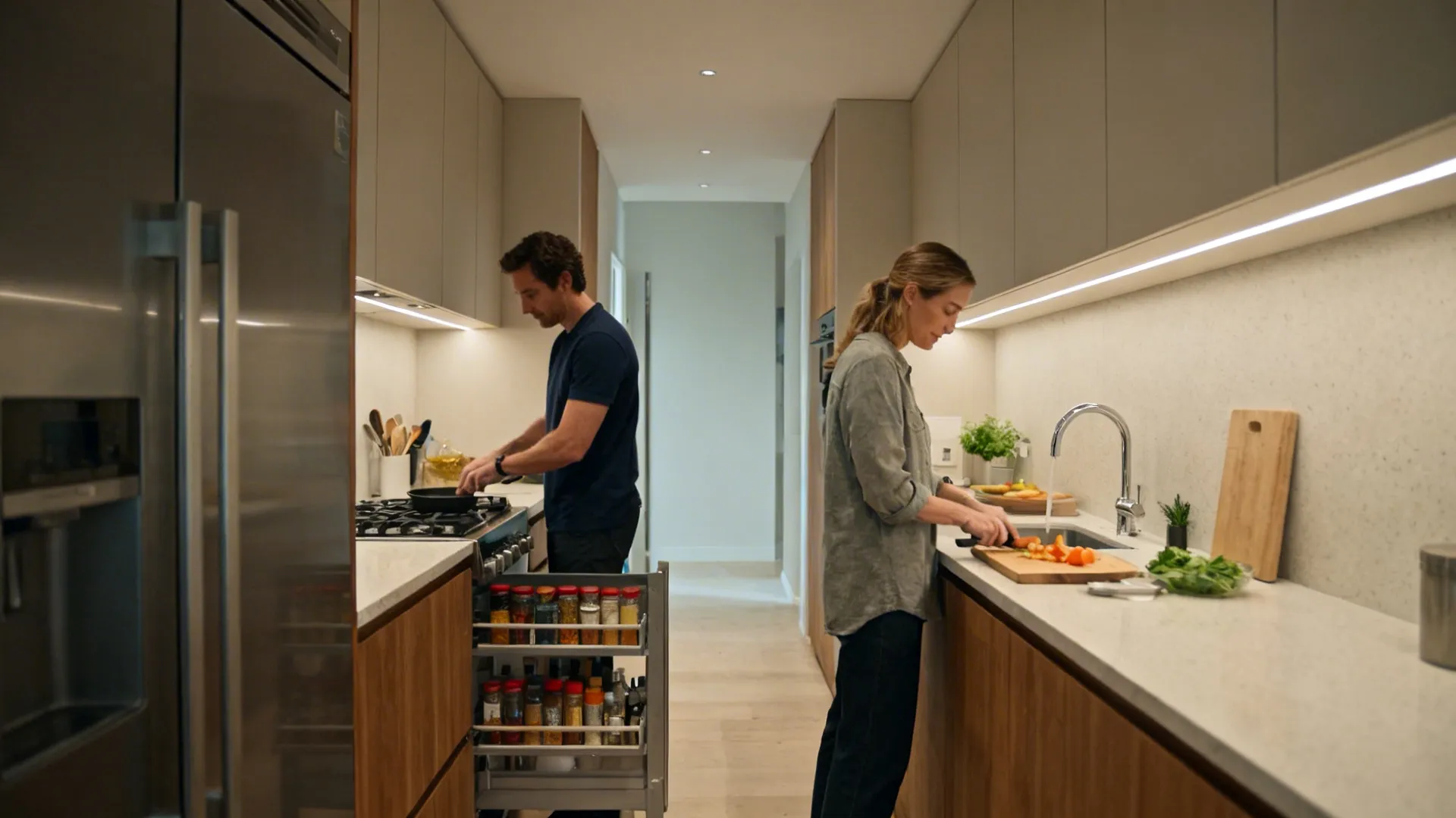 Two users work across from each other in a parallel kitchen with organized zones.