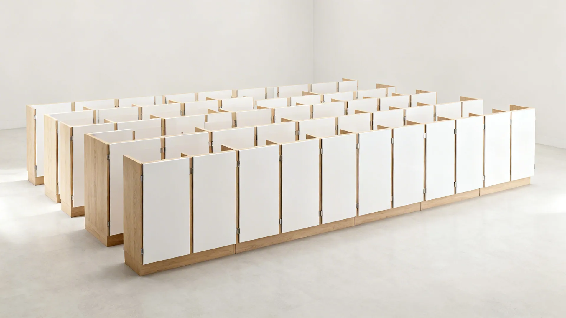 Array of instanced cabinet fronts showing consistent gaps and finishes in a wide studio scene.