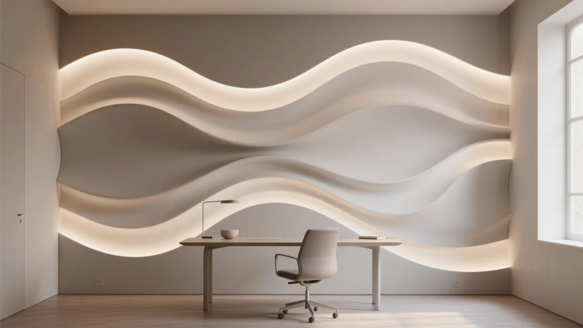 Modern home office with wavy wall panel design featuring integrated lights a desk and chair