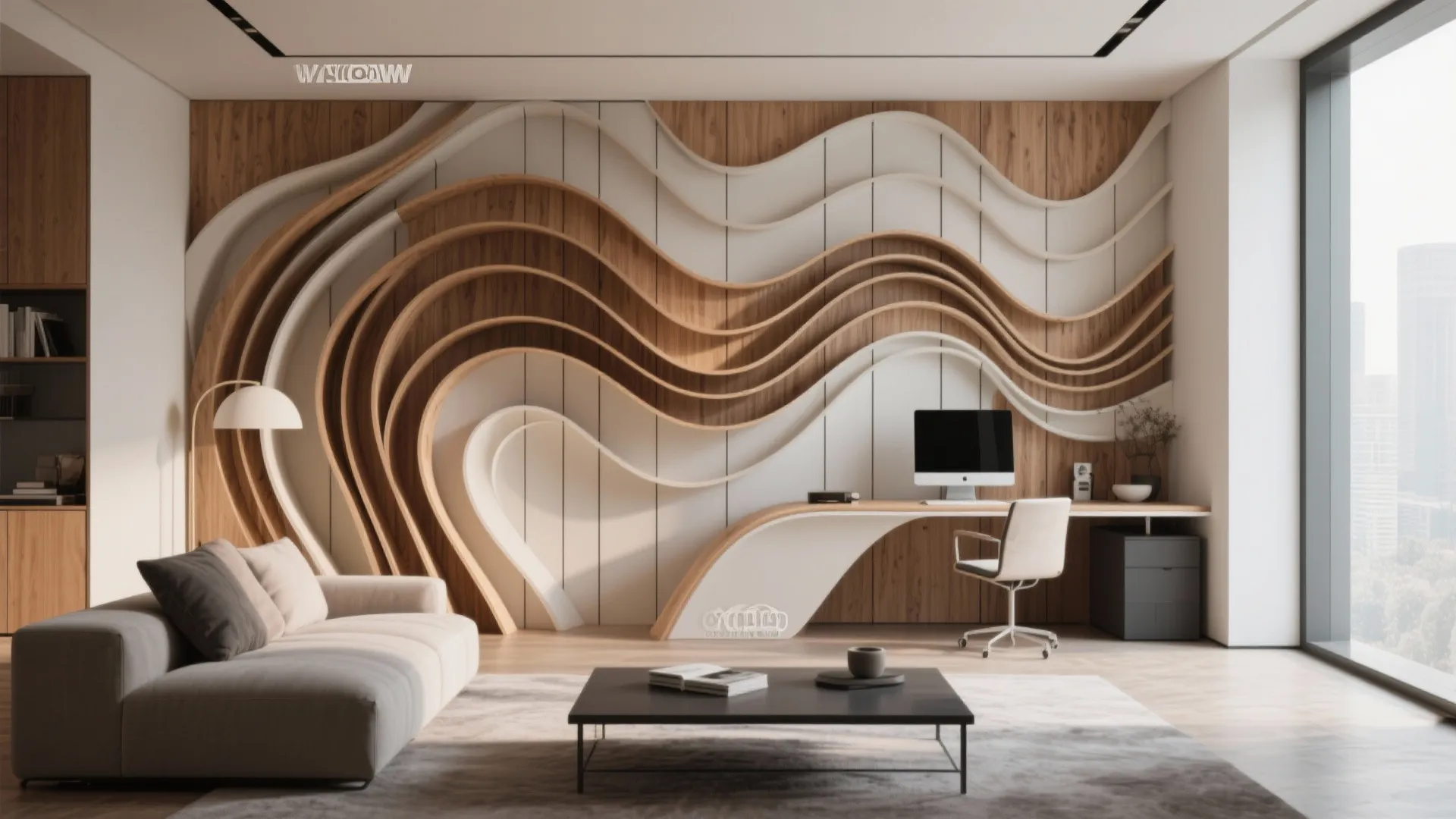 Home office with wavy wood wall panel design desk computer sofa and large glass window