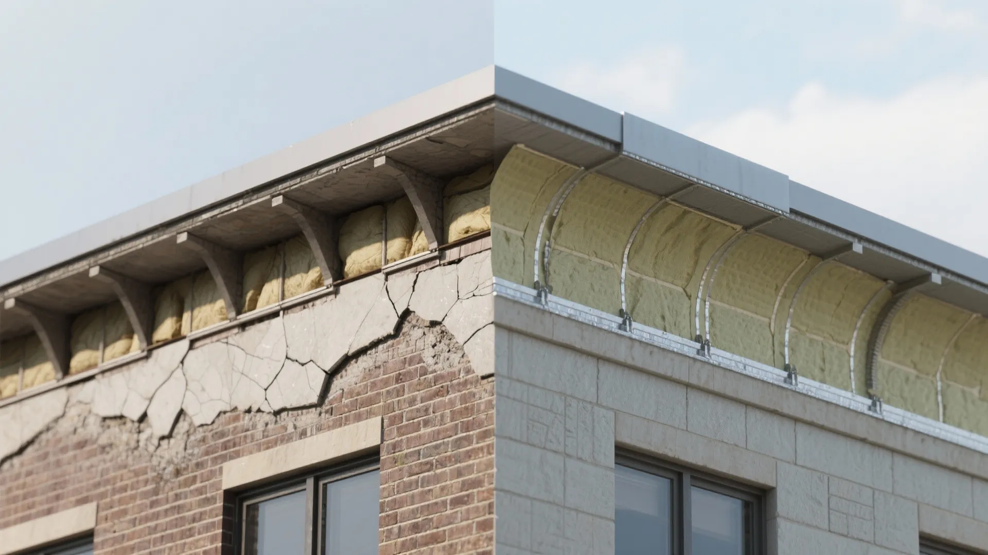 Split view comparing failed parapet details and corrected continuous insulation and flashing.