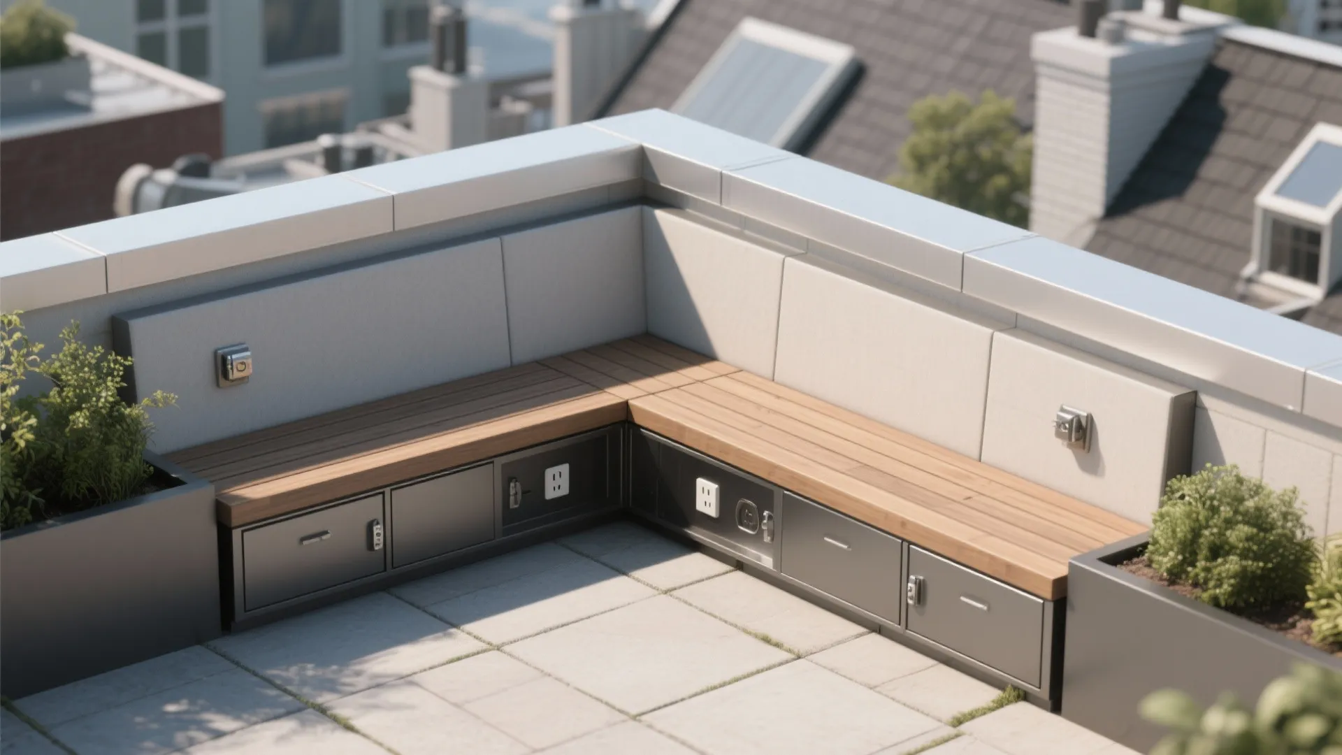 Multi-Functional Parapet: Bench, Storage, and Power in One