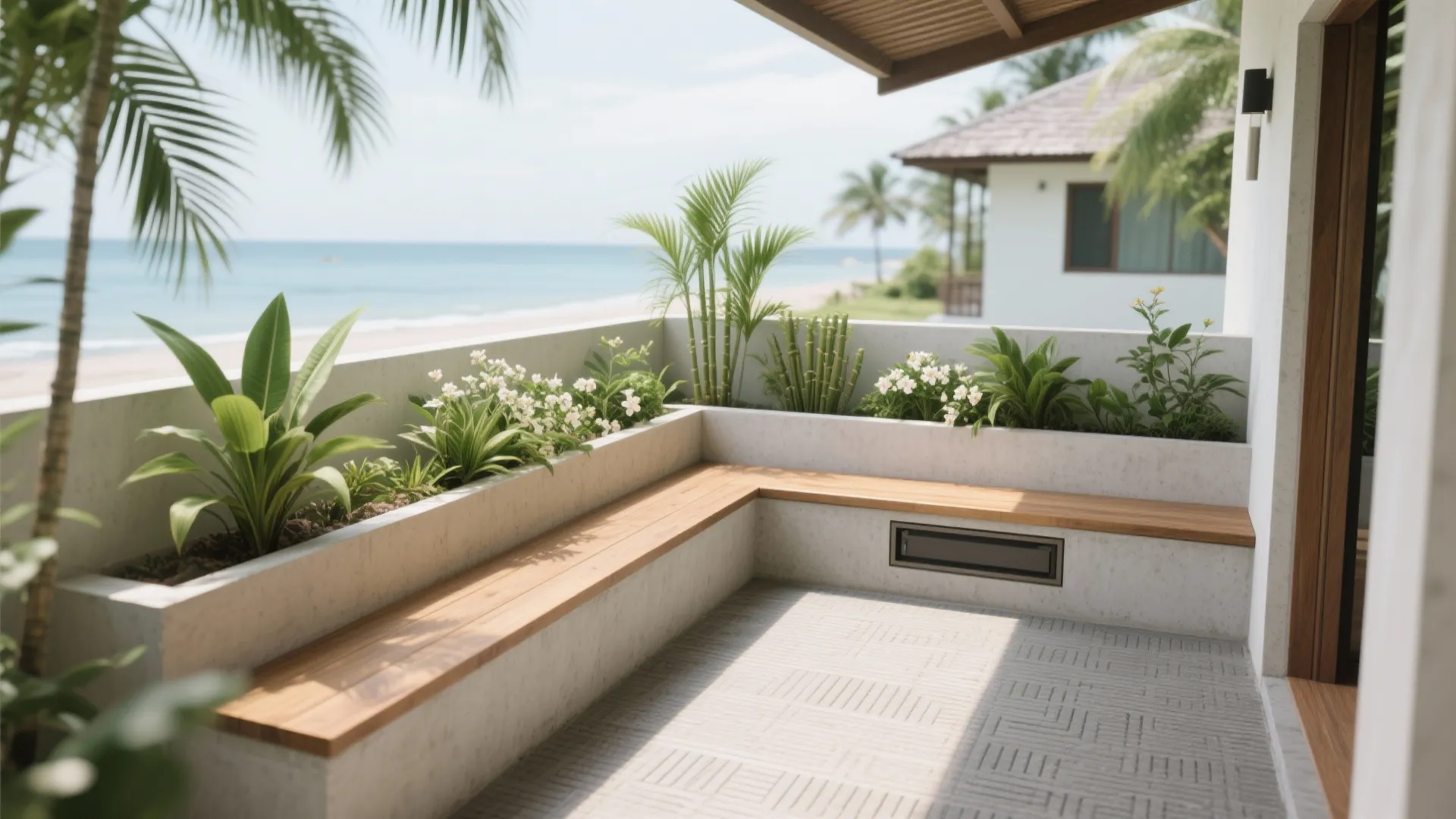 3) Breezeways, planters, and a raised parapet bench