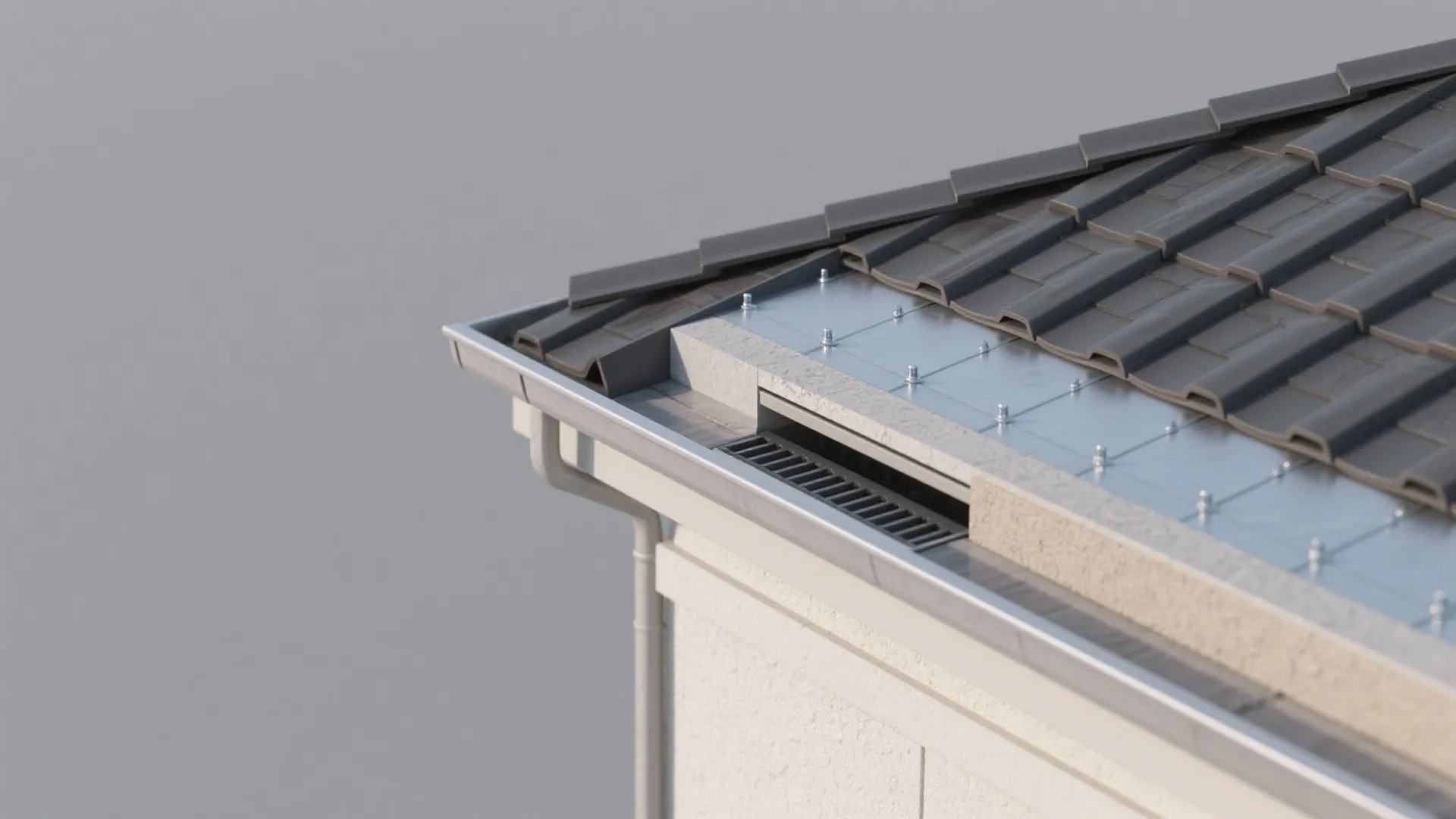 Close up interior design drawing showing roof tiles with metal gutter system for effective water drainage