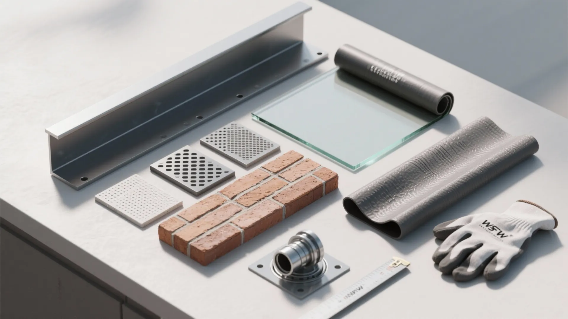 Collection of building materials including red bricks, glass, metal parts, a work glove, and ruler
