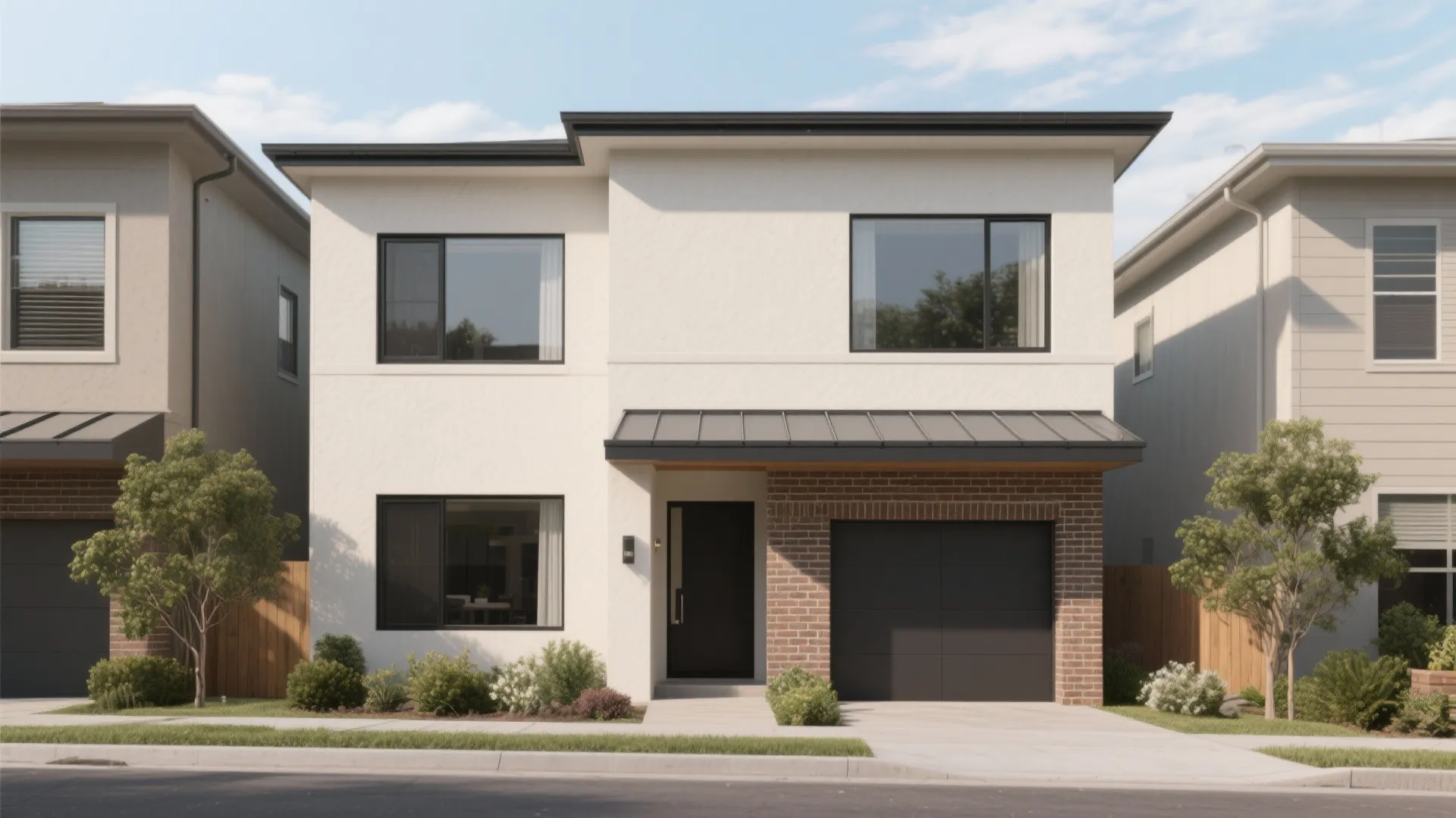 Modern two story white house with black window frames black garage door and red brick