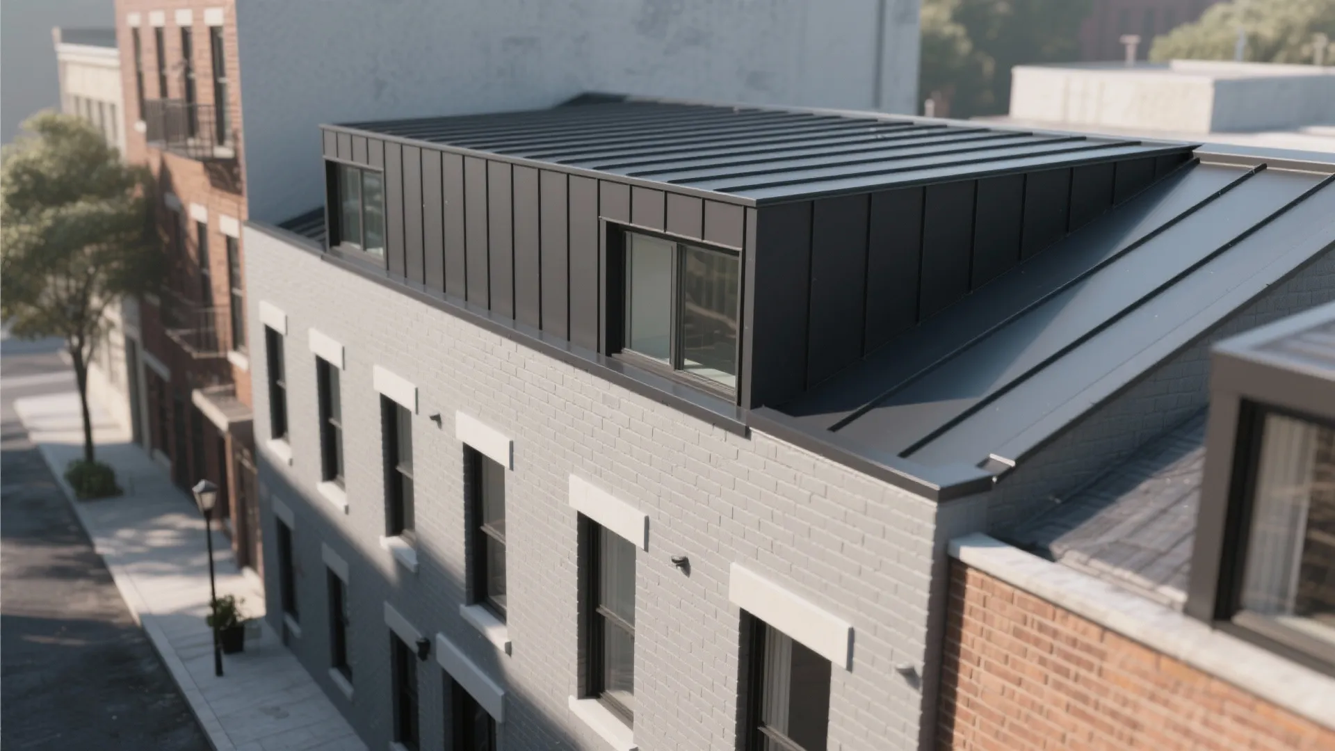 Modern grey brick building featuring a black metal rooftop addition with windows under bright daylight sunshine