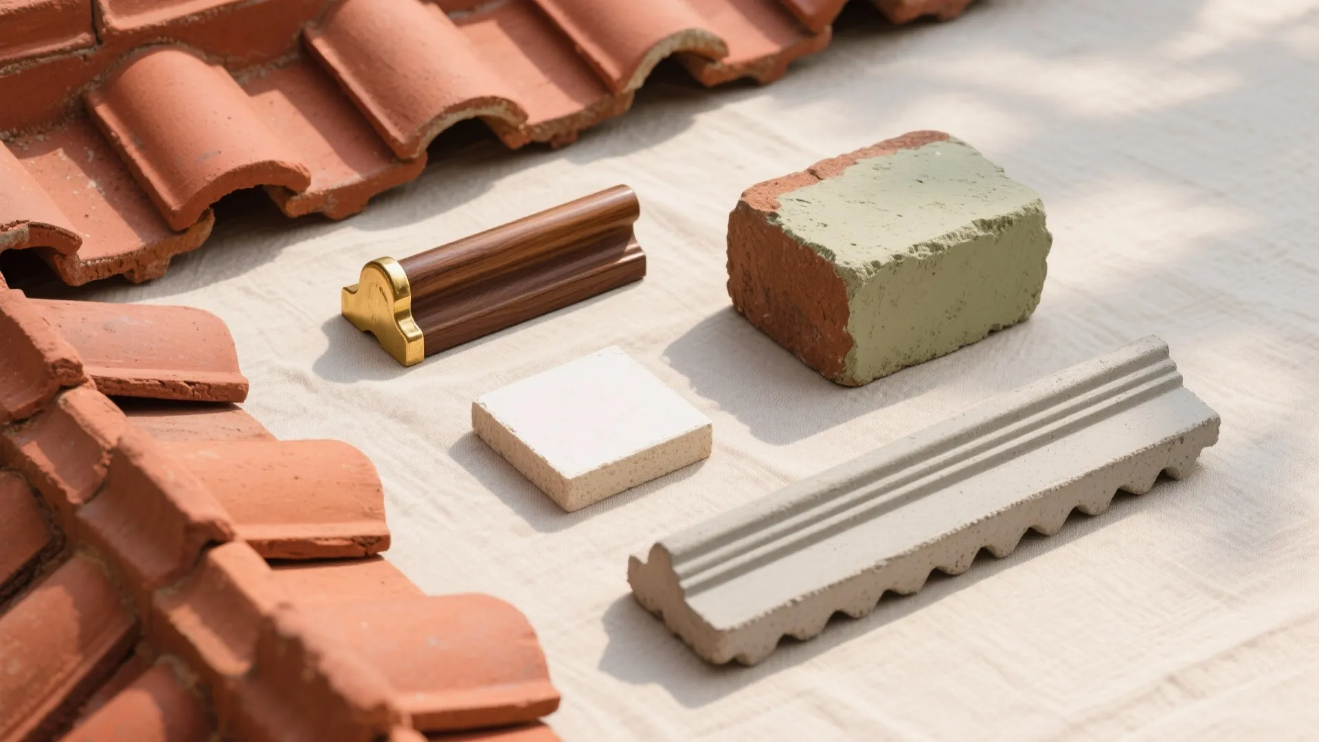 Various building materials including red roof tiles, wood trim, white tile, brick, and grey concrete trim
