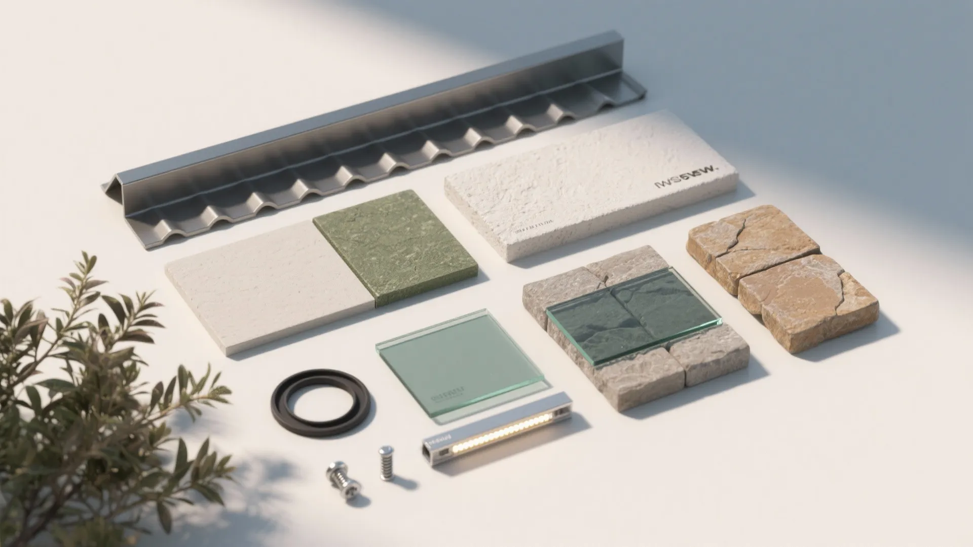 Collection of building materials including stone tiles glass samples metal parts and small light fixture details