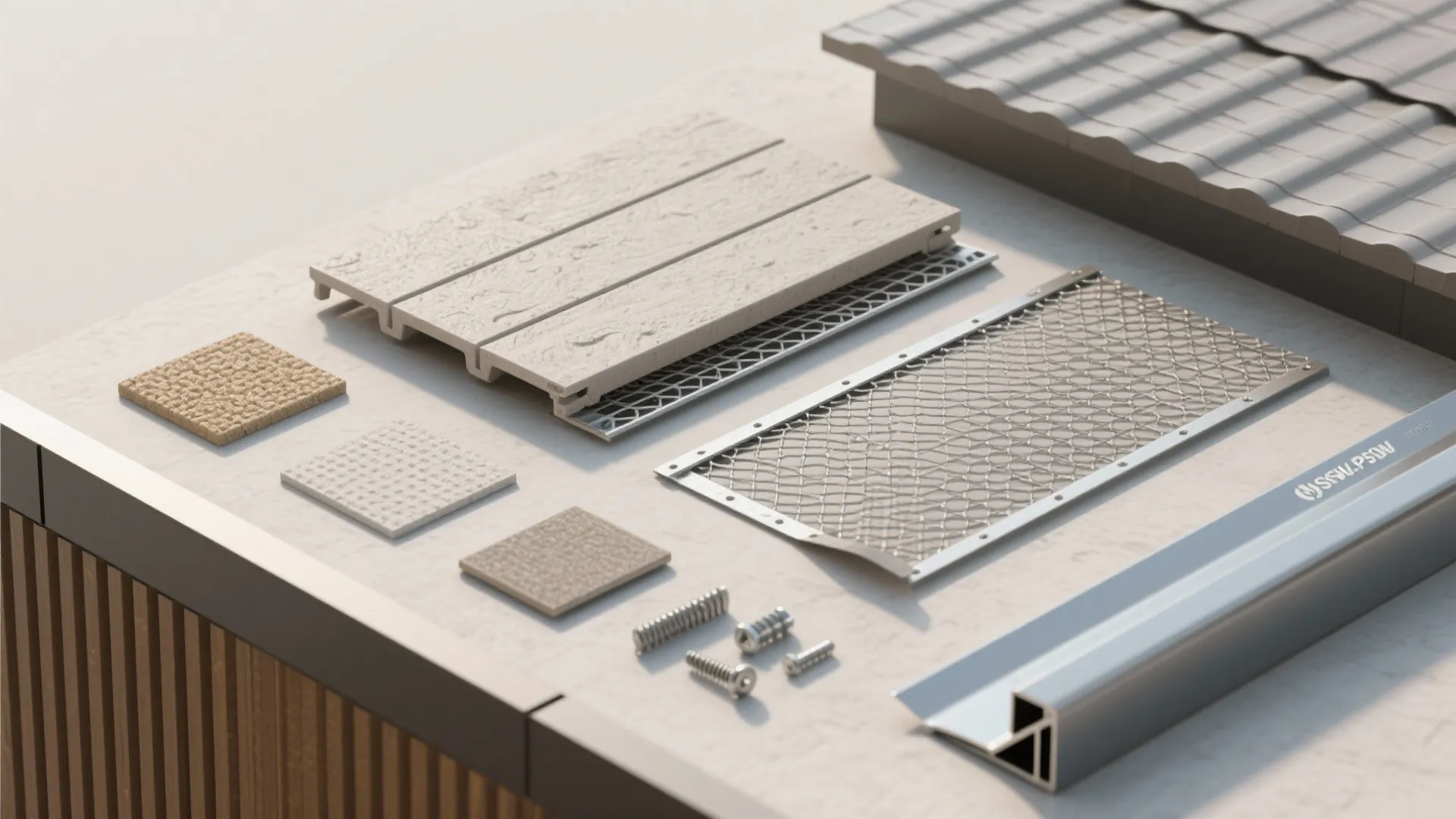 Flatlay of rainscreen parapet materials including panels, mesh, furring, and coping.