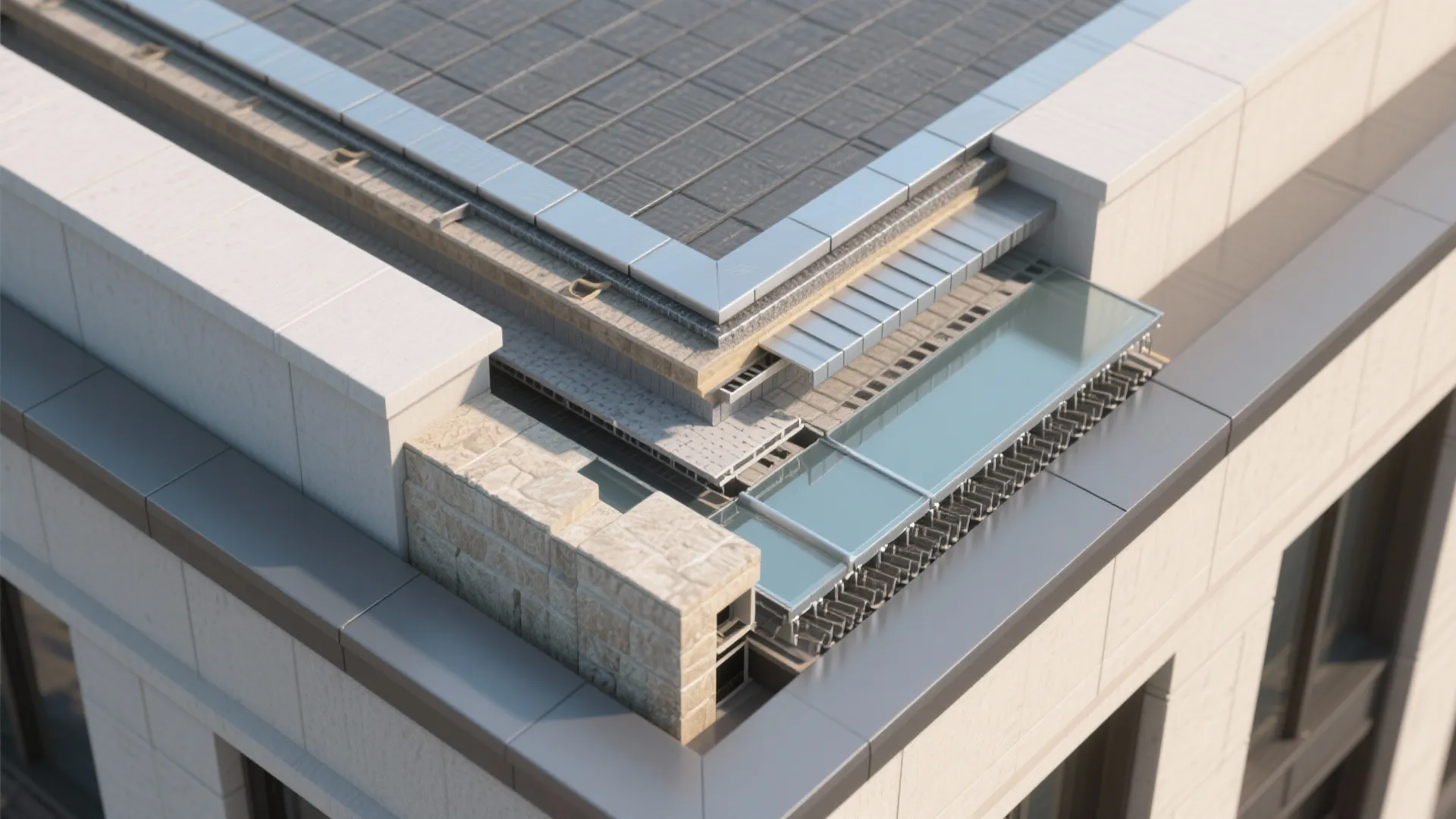 Cross section of a flat roof corner showing stone wall panel layers and glass design