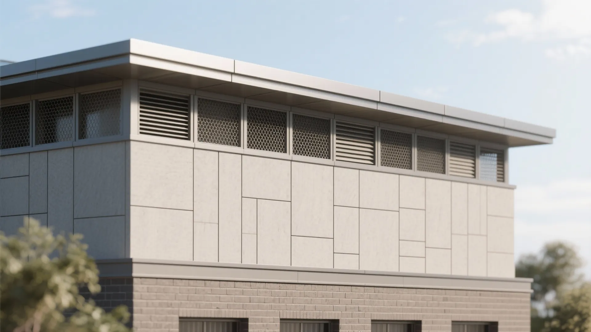 Parapet with ventilated fiber-cement rainscreen and metal coping under soft daylight.