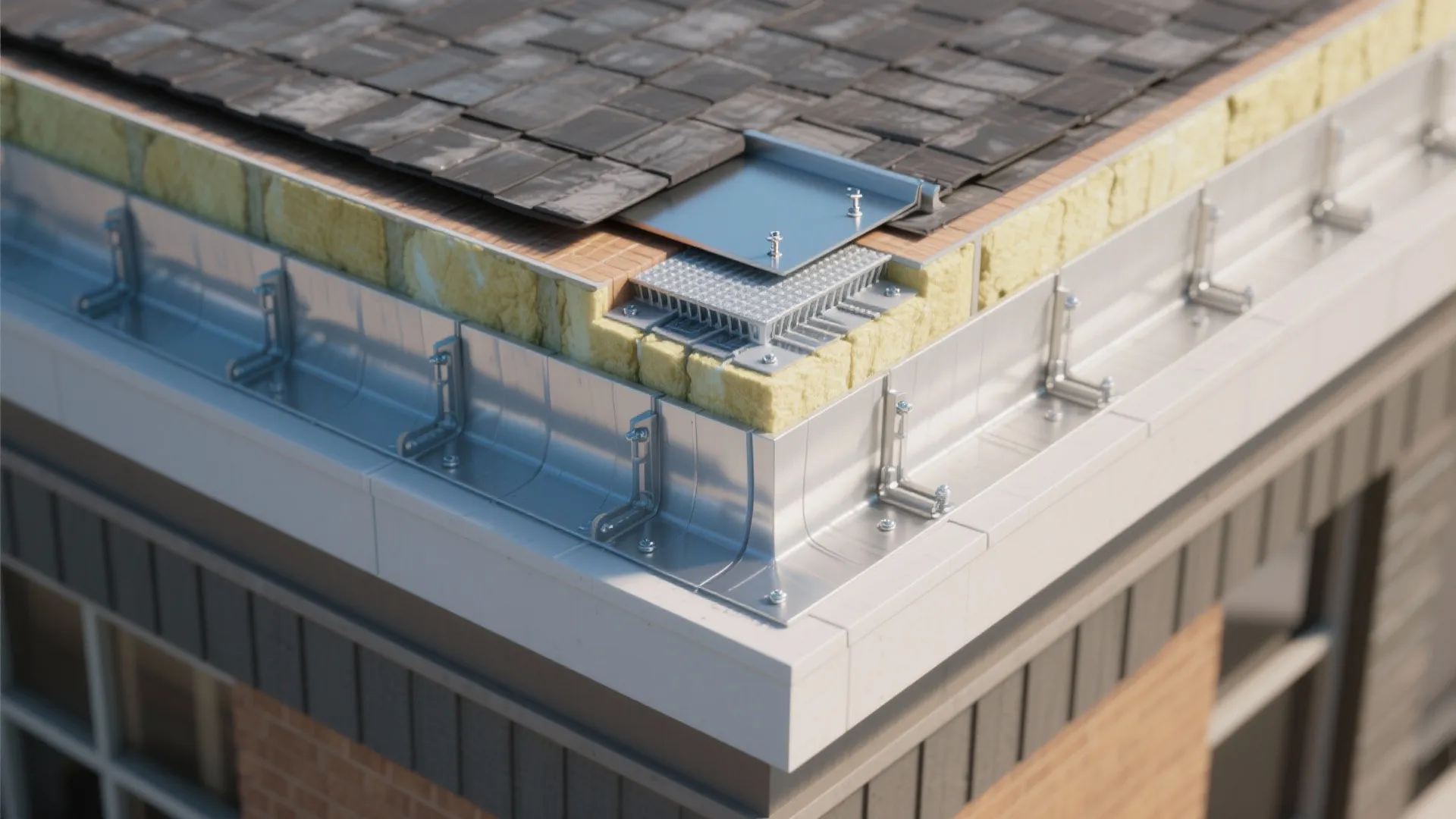 Top-down assembly showing insulation return, membrane upturn, coping with drip, and flashing.