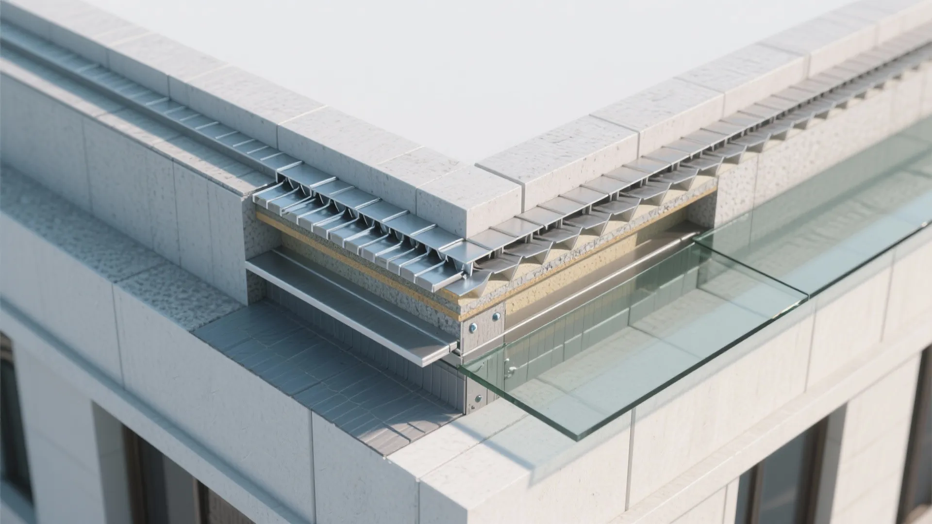Interior design drawing showing layers of a building corner with metal supports and glass panels