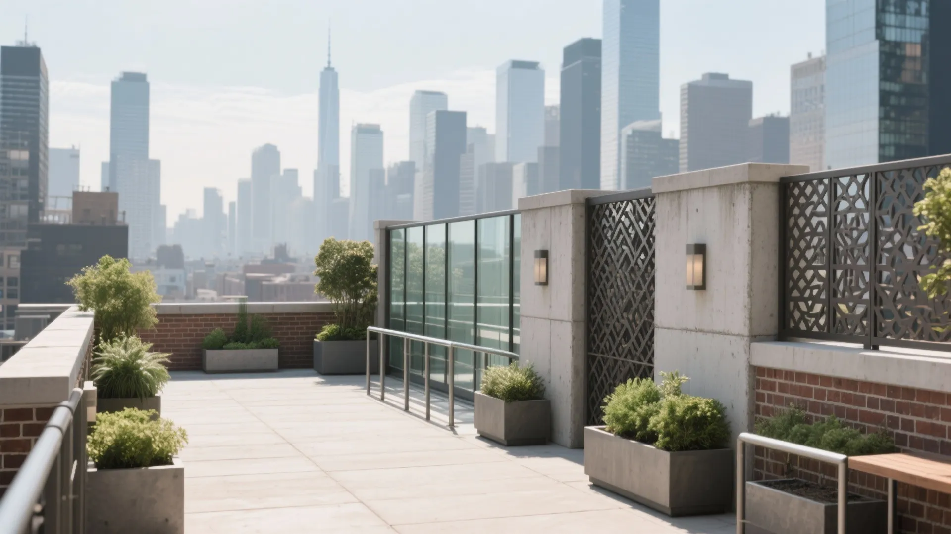 Outdoor rooftop garden with stone planters green plants wall lights and city skyline in background