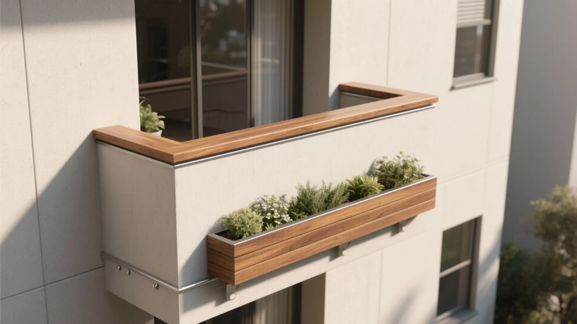 Solid Parapet + Wood Top Rail with Planters