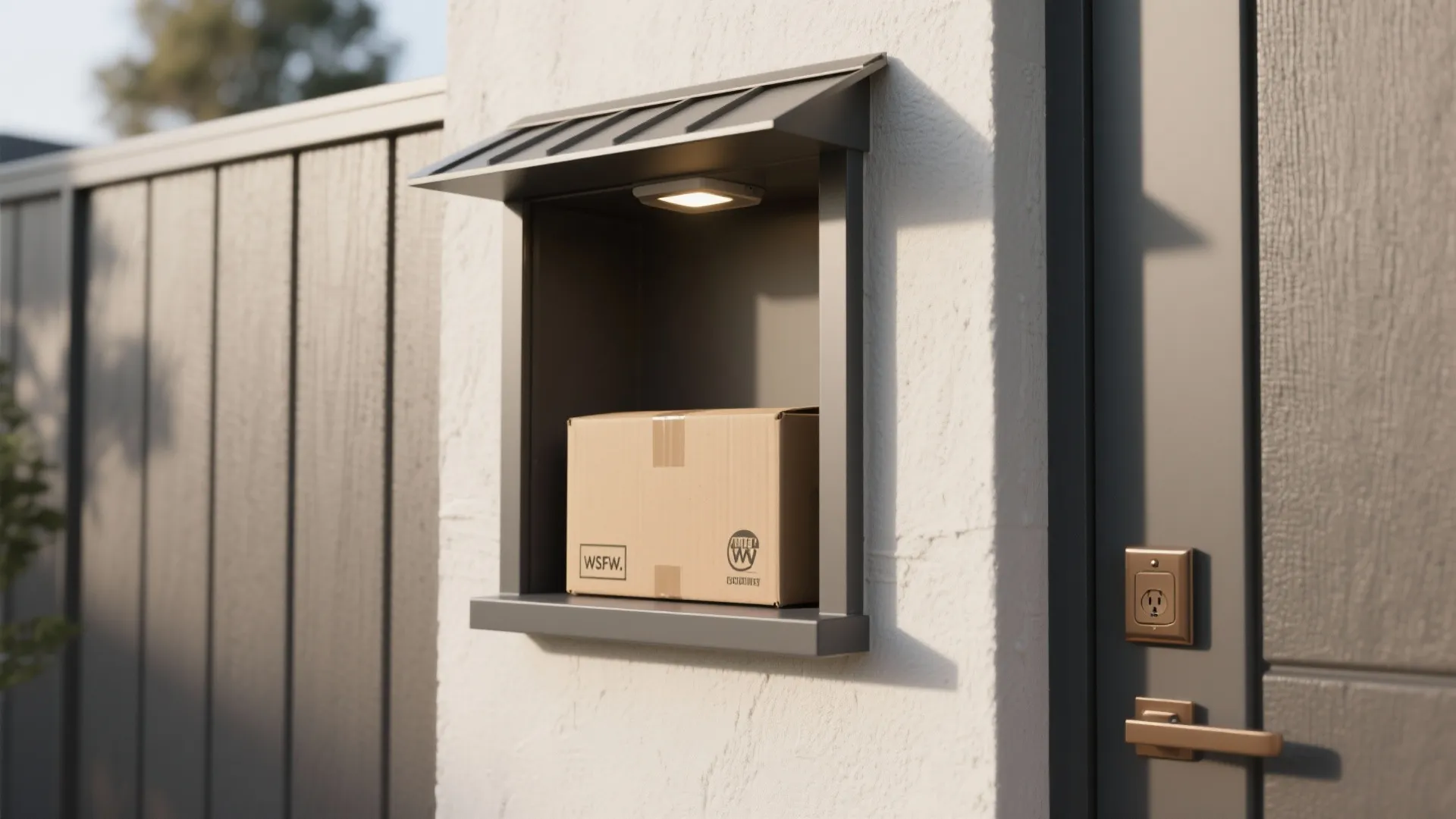 Built in outdoor wall box for packages featuring a small light fixture and cardboard box