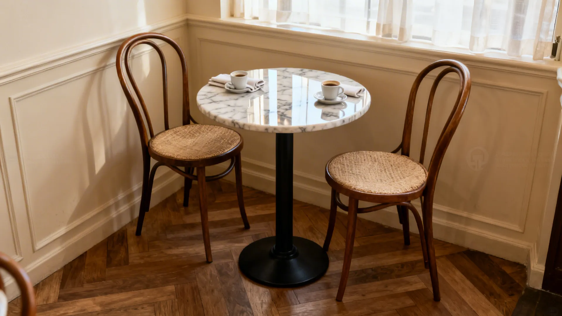 Parisian bistro nook with round marble café table and two bentwood chairs.